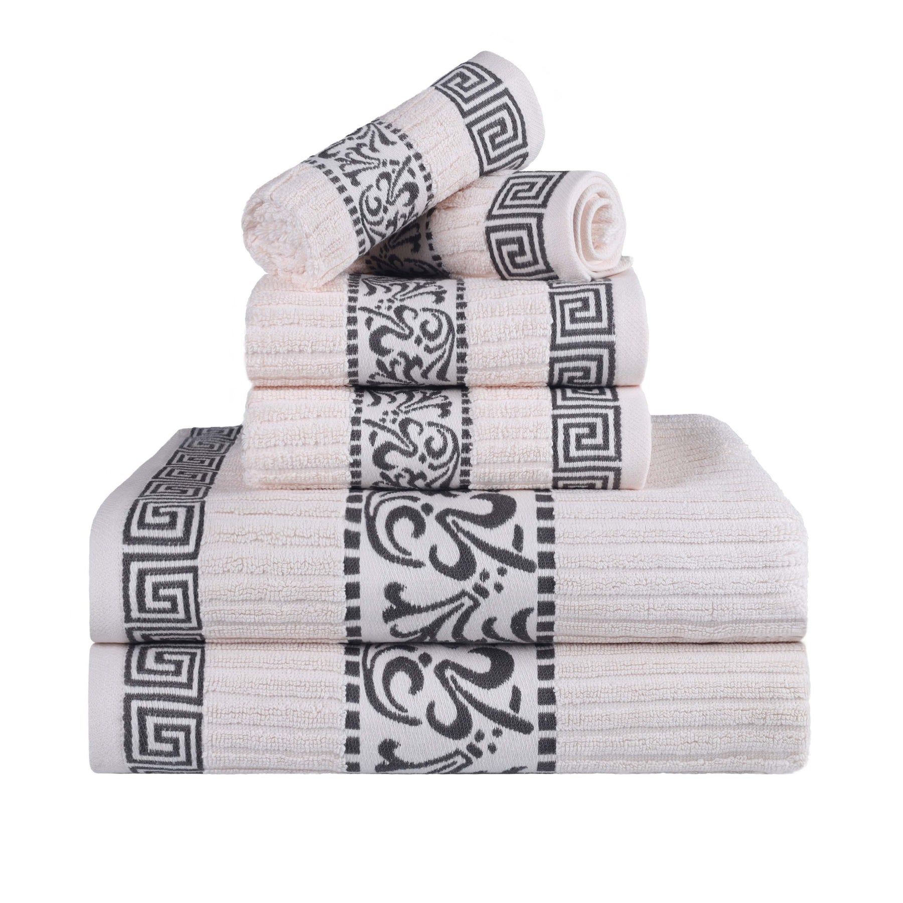 Athens Cotton Medium Weight Floral Greek Key Trim 6 Piece Towel Set - Towel Set by Superior