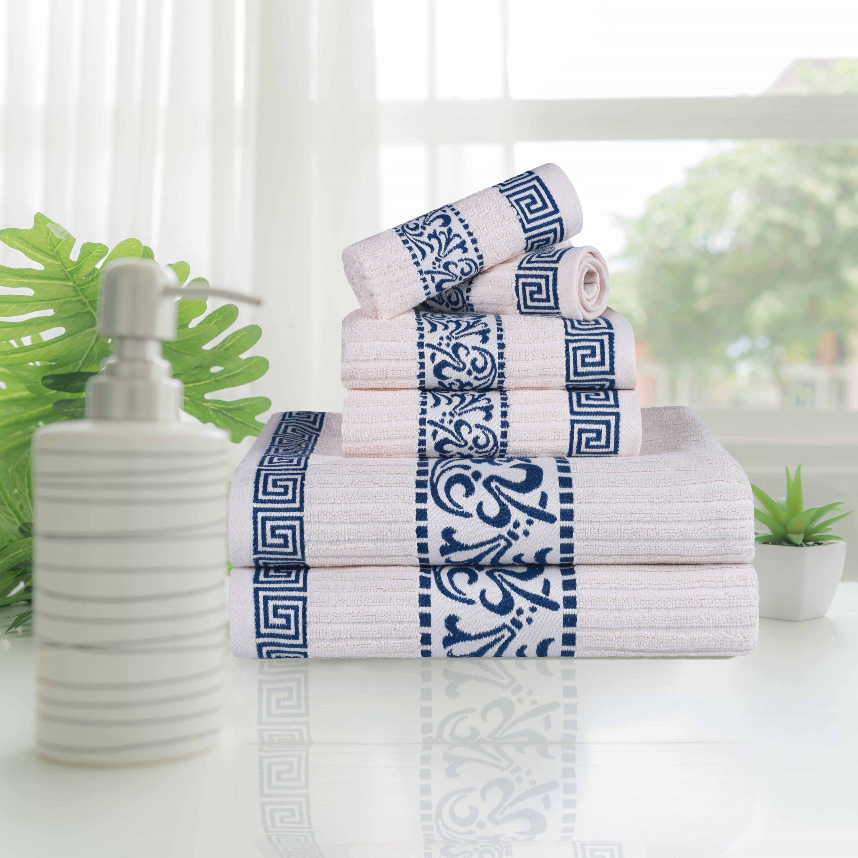 Athens Cotton Medium Weight Floral Greek Key Trim 6 Piece Towel Set - Towel Set by Superior