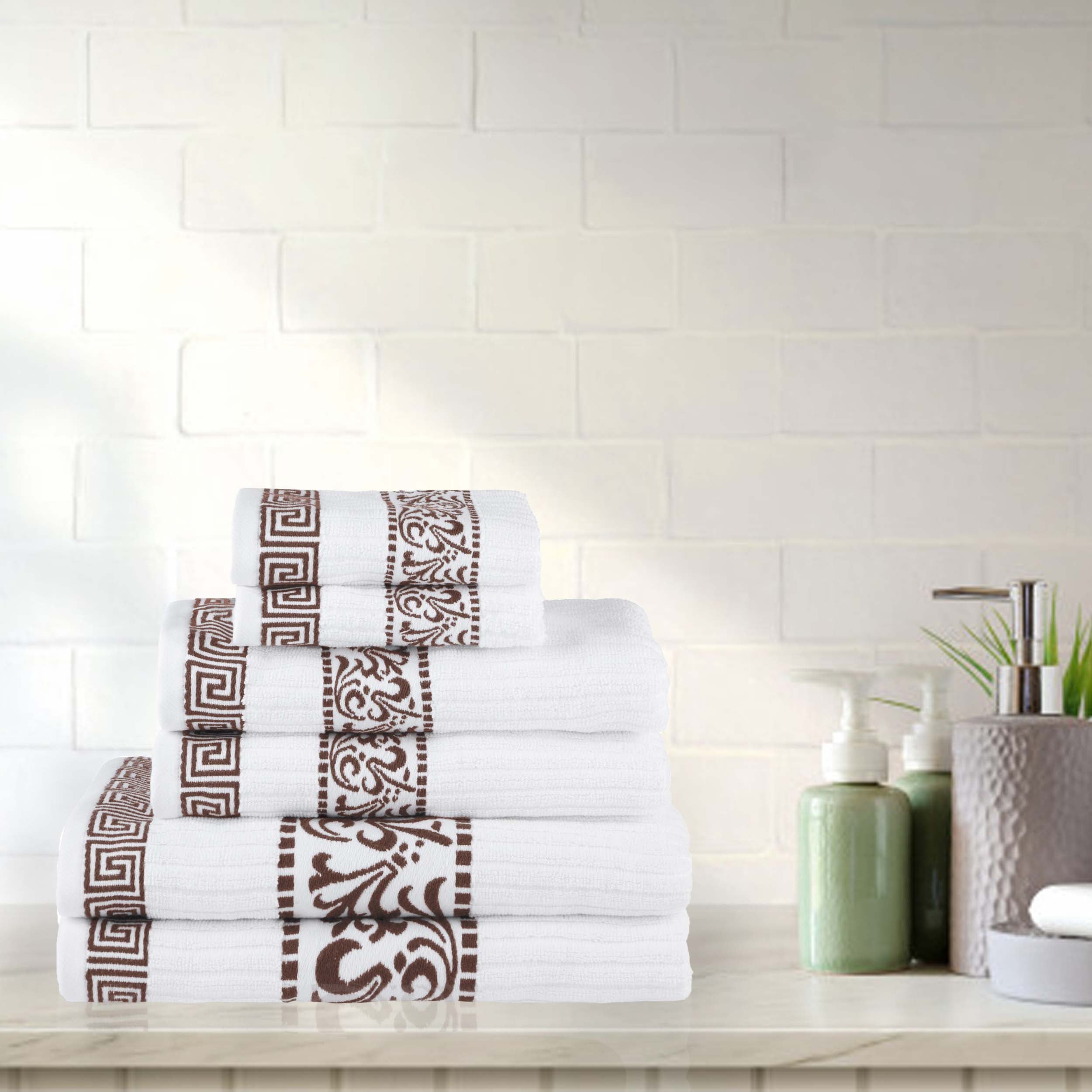 Athens Cotton Medium Weight Floral Greek Key Trim 6 Piece Towel Set - Towel Set by Superior