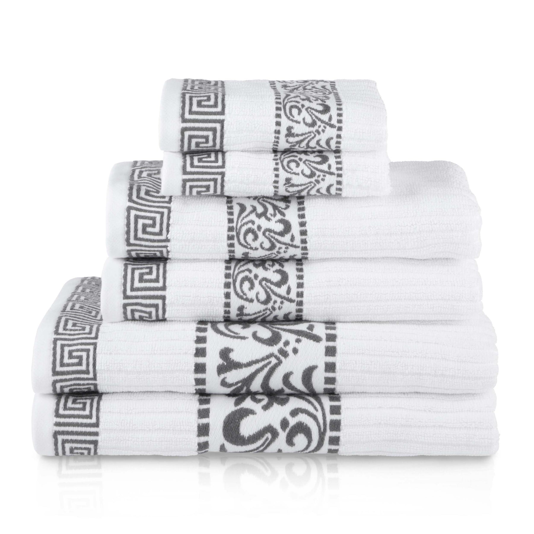 Athens Cotton Medium Weight Floral Greek Key Trim 6 Piece Towel Set - Towel Set by Superior