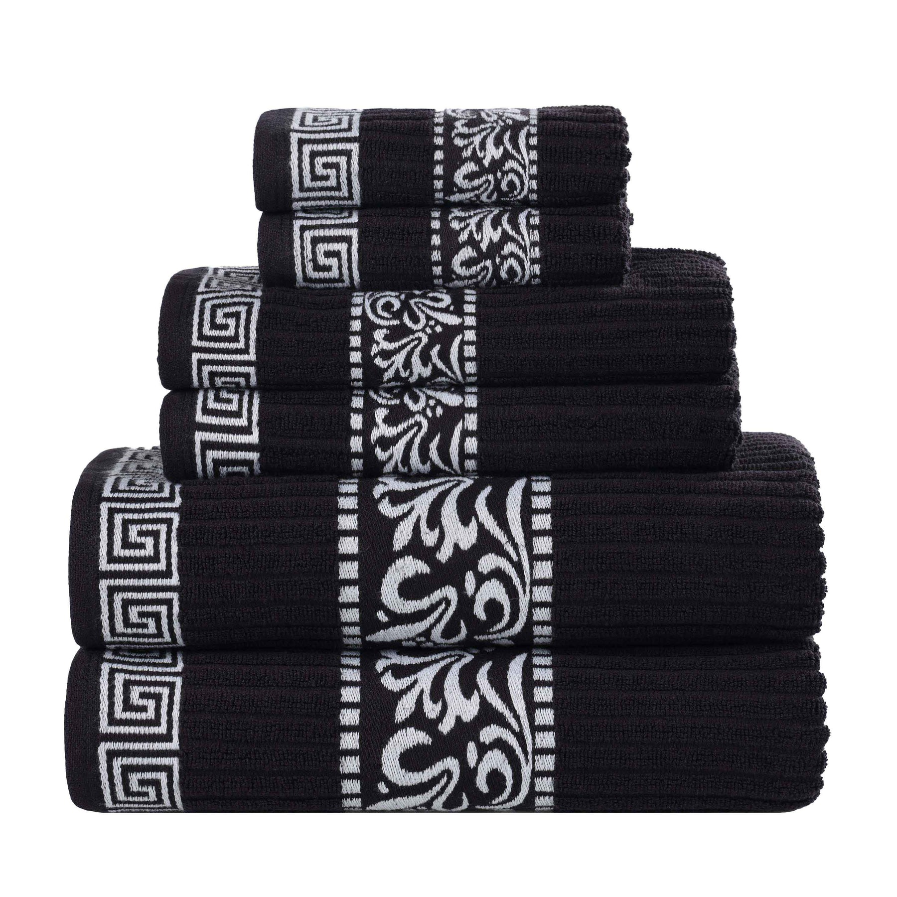 Athens Cotton Medium Weight Floral Greek Key Trim 6 Piece Towel Set - Towel Set by Superior