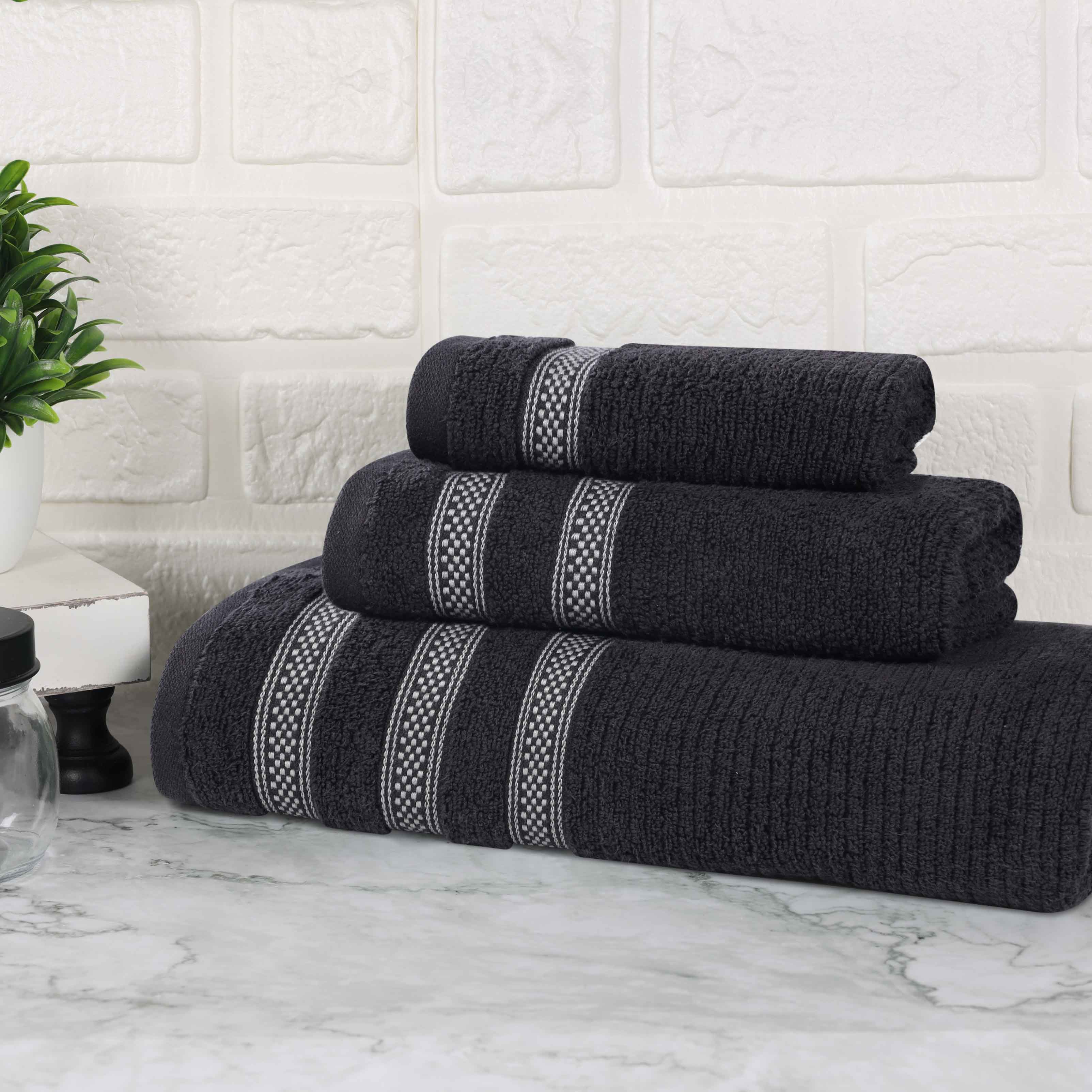 Brea Zero Twist Cotton Ribbed Geometric Border 3 Piece Towel Set - Towel Set by Superior