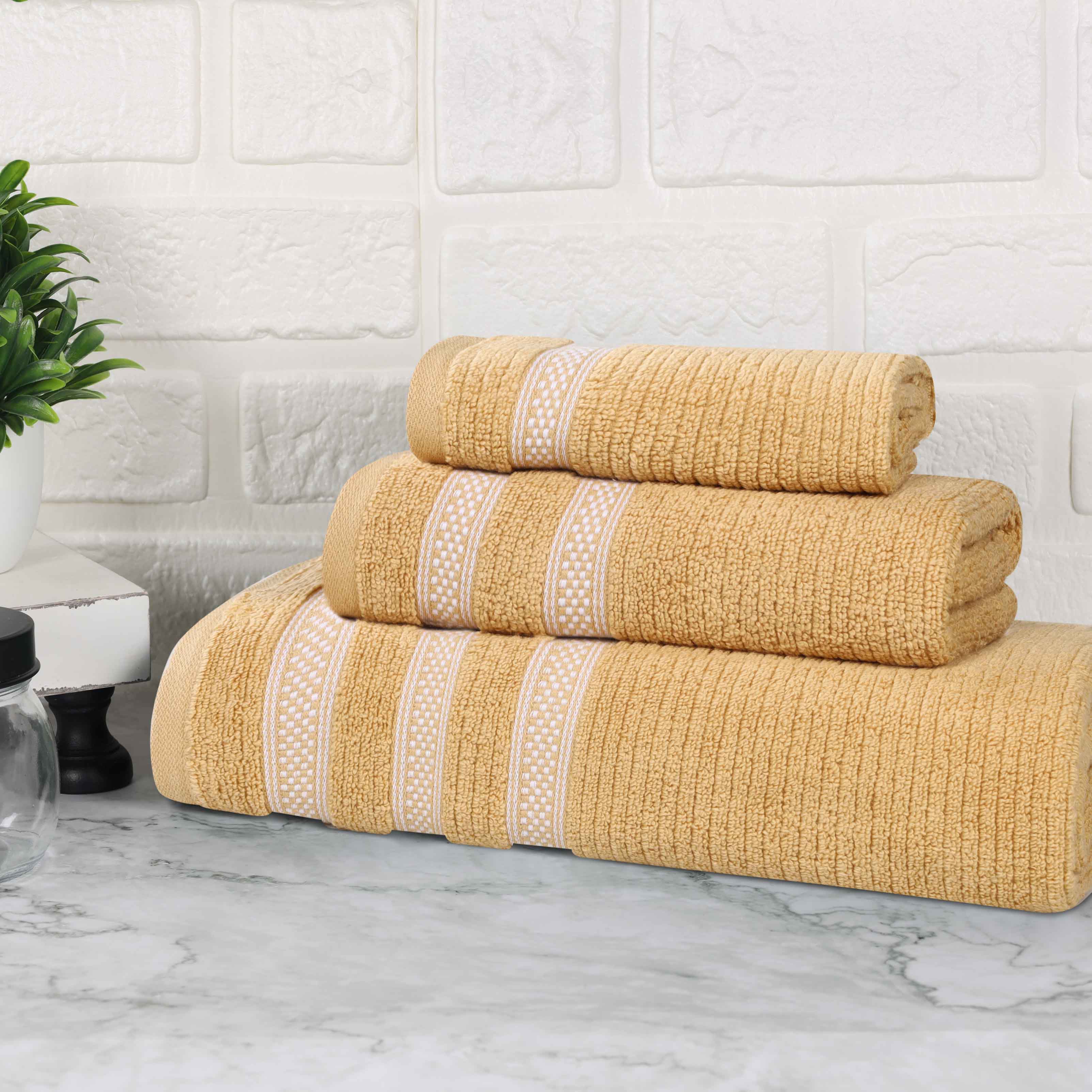 Brea Zero Twist Cotton Ribbed Geometric Border 3 Piece Towel Set - Towel Set by Superior