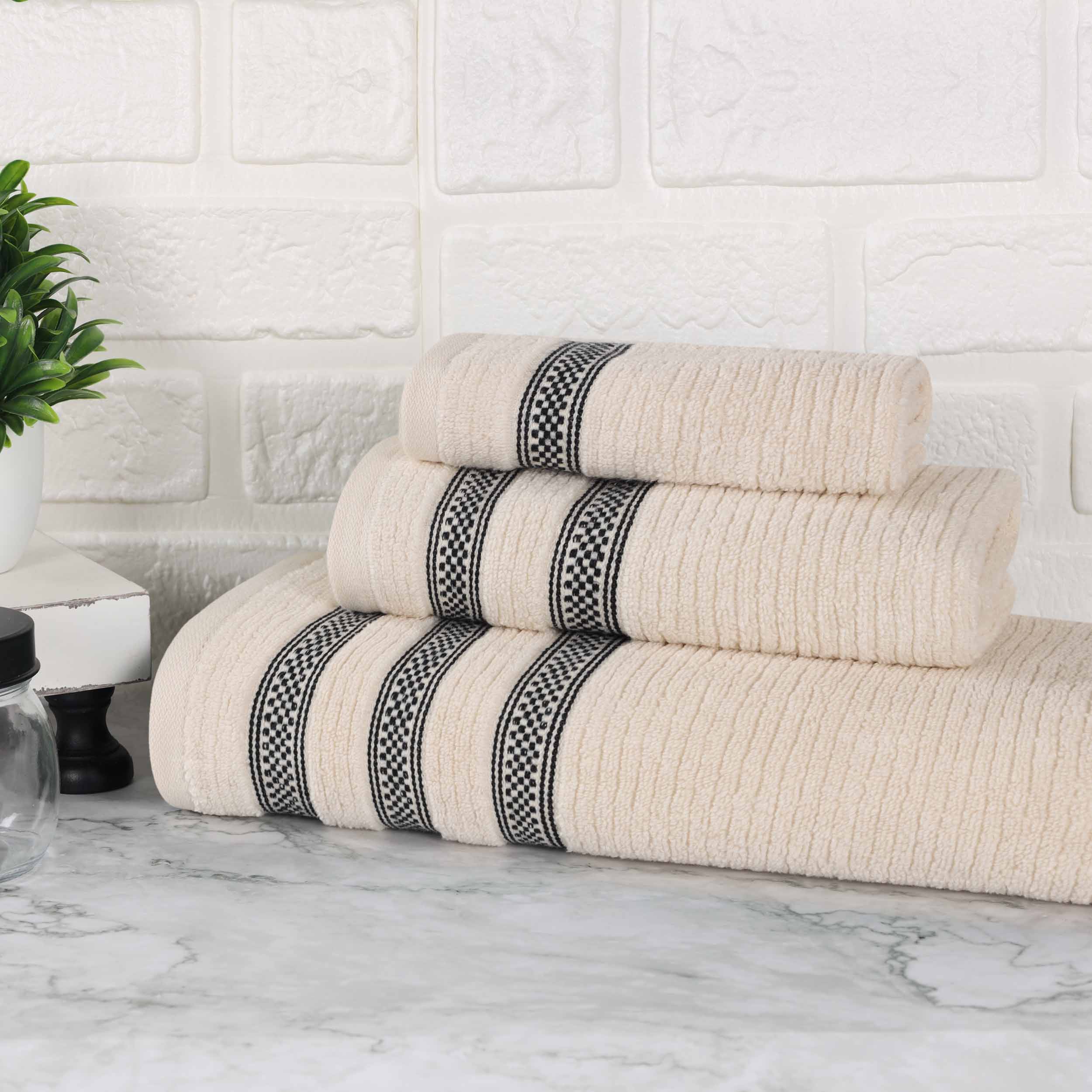 Brea Zero Twist Cotton Ribbed Geometric Border 3 Piece Towel Set - Towel Set by Superior