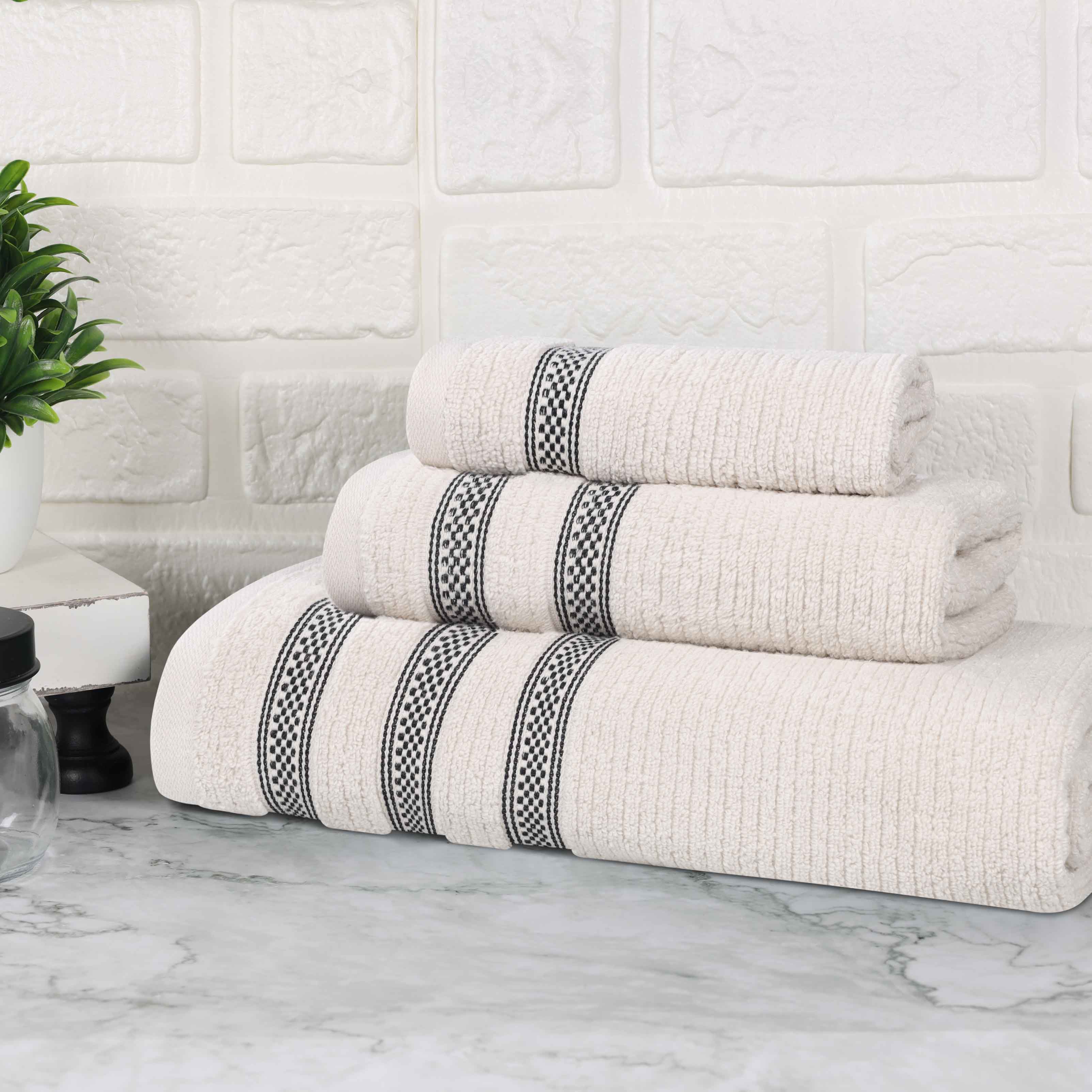 Brea Zero Twist Cotton Ribbed Geometric Border 3 Piece Towel Set - Towel Set by Superior