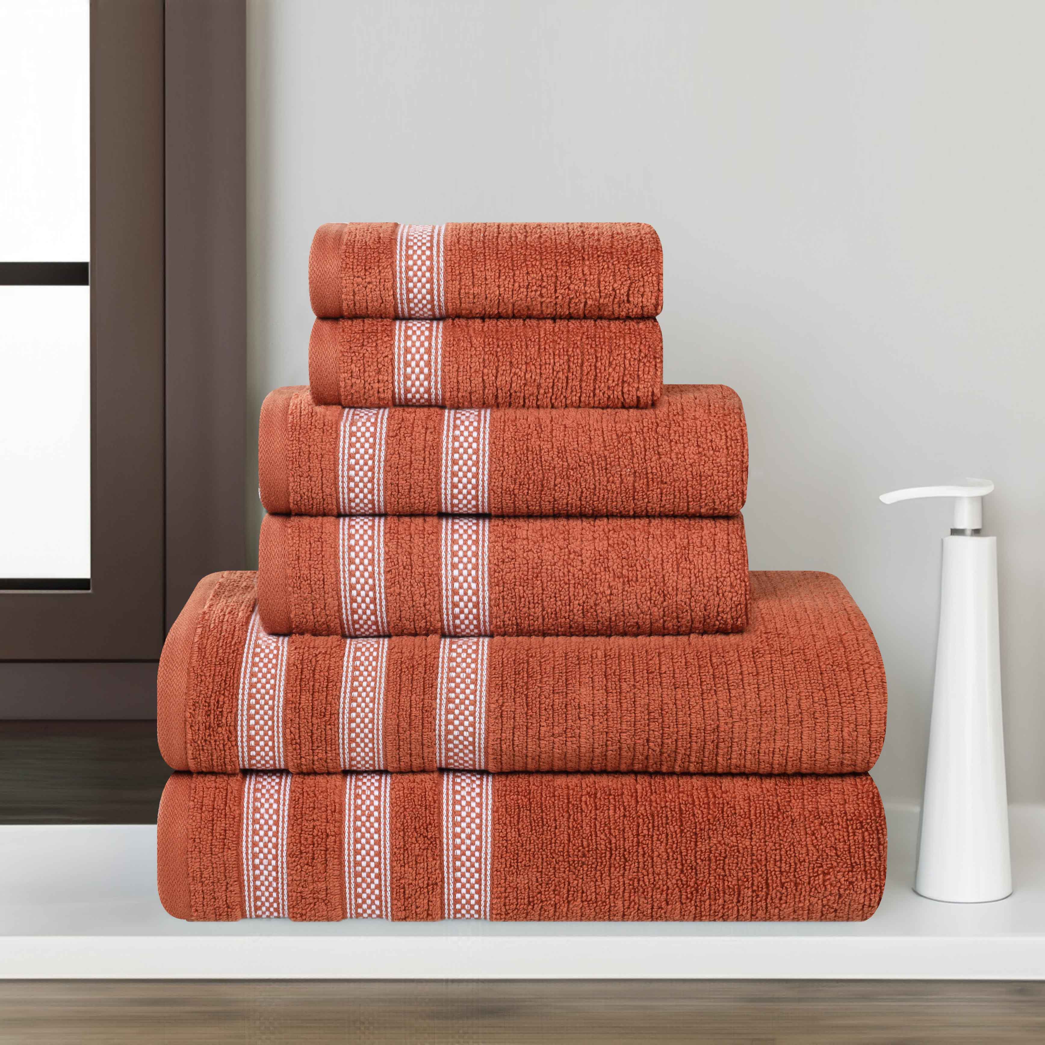 Brea Zero Twist Cotton Ribbed Geometric Border 6 Piece Towel Set - Towel Set by Superior