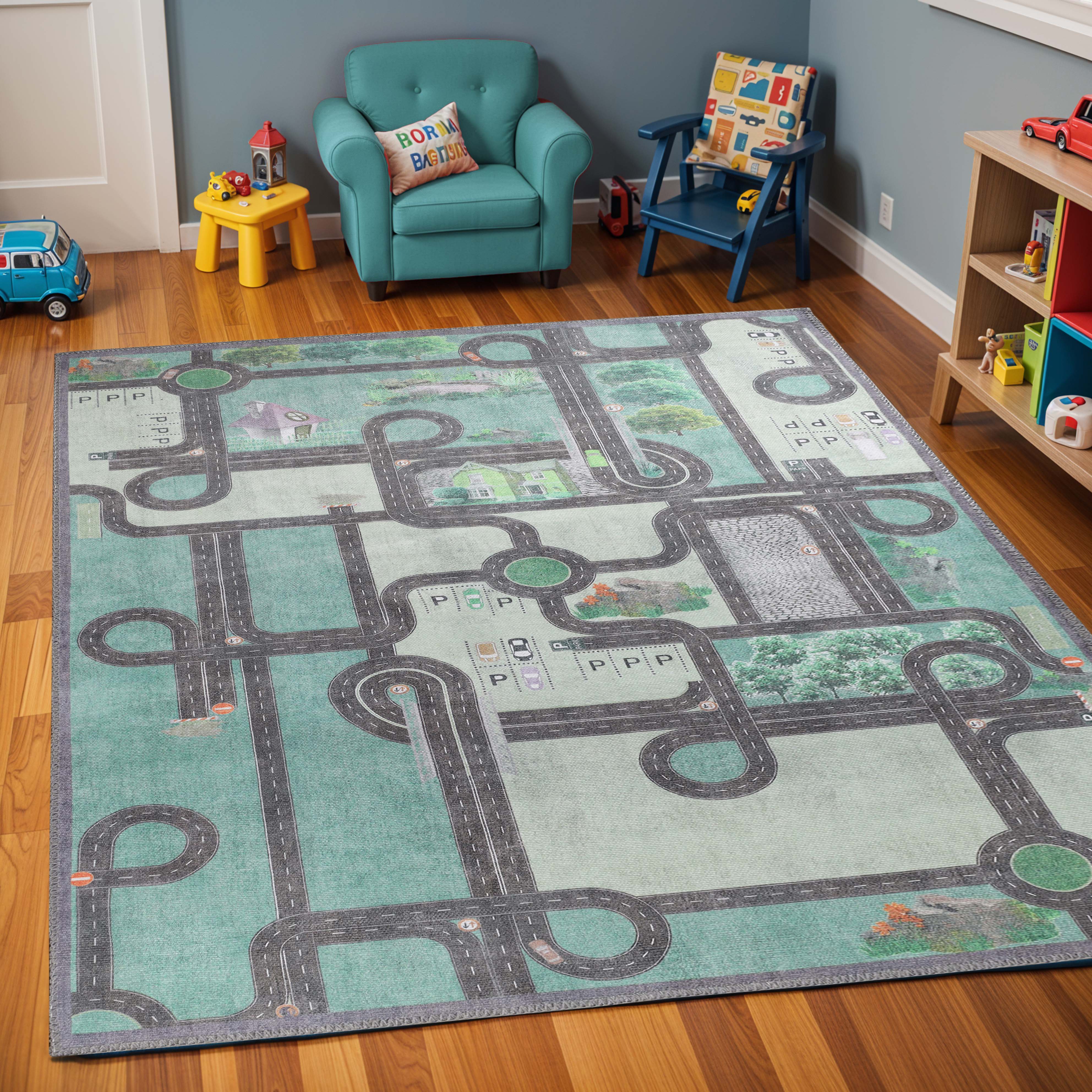 Country Road Non-Slip Kids Playroom Nursery Washable Indoor Area Rug - Rugs by Superior