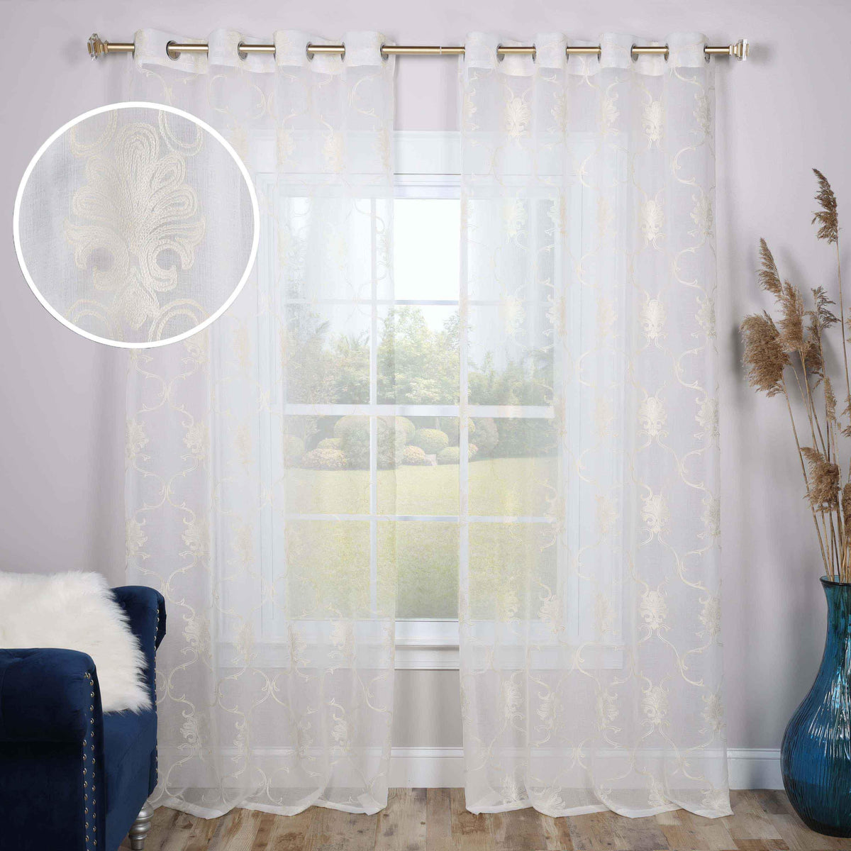 Embroidered Elegant Scroll Sheer Grommet Curtain Panel Set - Sheer Curtains by Superior