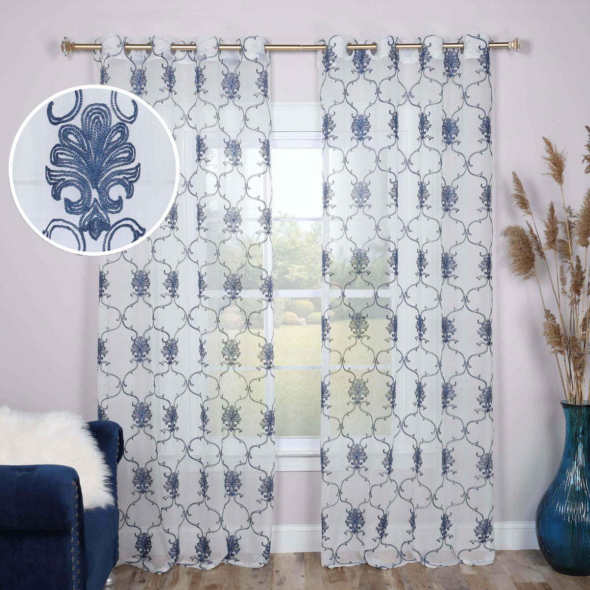 Embroidered Elegant Scroll Sheer Grommet Curtain Panel Set - Sheer Curtains by Superior