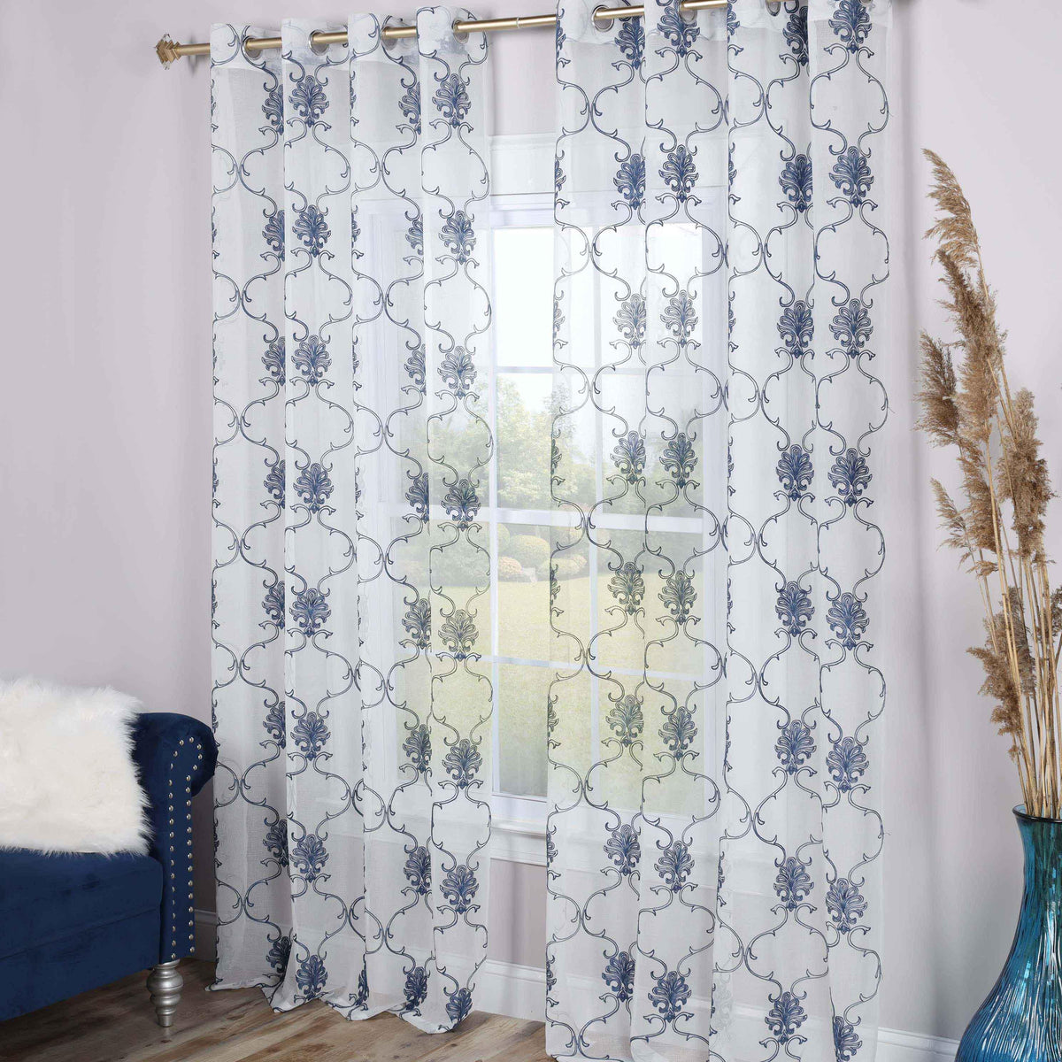 Embroidered Elegant Scroll Sheer Grommet Curtain Panel Set - Sheer Curtains by Superior