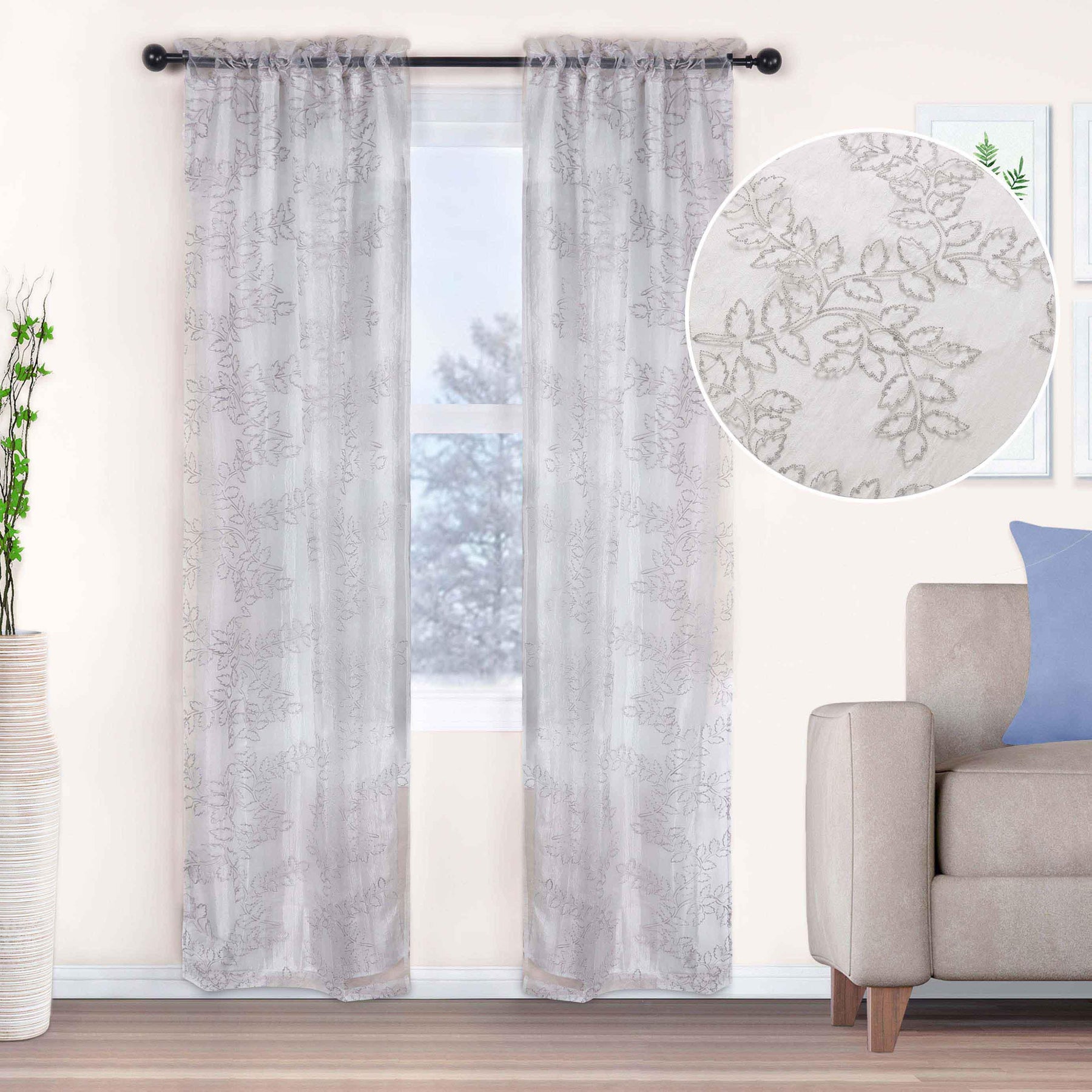 Embroidered Foliage Grommet Sheer Curtain Panel Set - Sheer Curtains by Superior