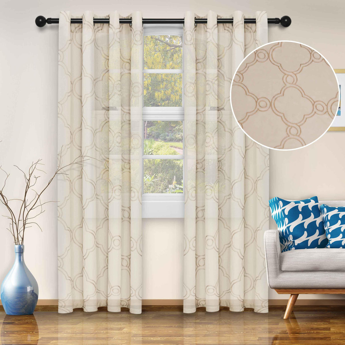 Embroidered Moroccan Trellis Sheer Grommet Curtain Panel Set - Sheer Curtains by Superior