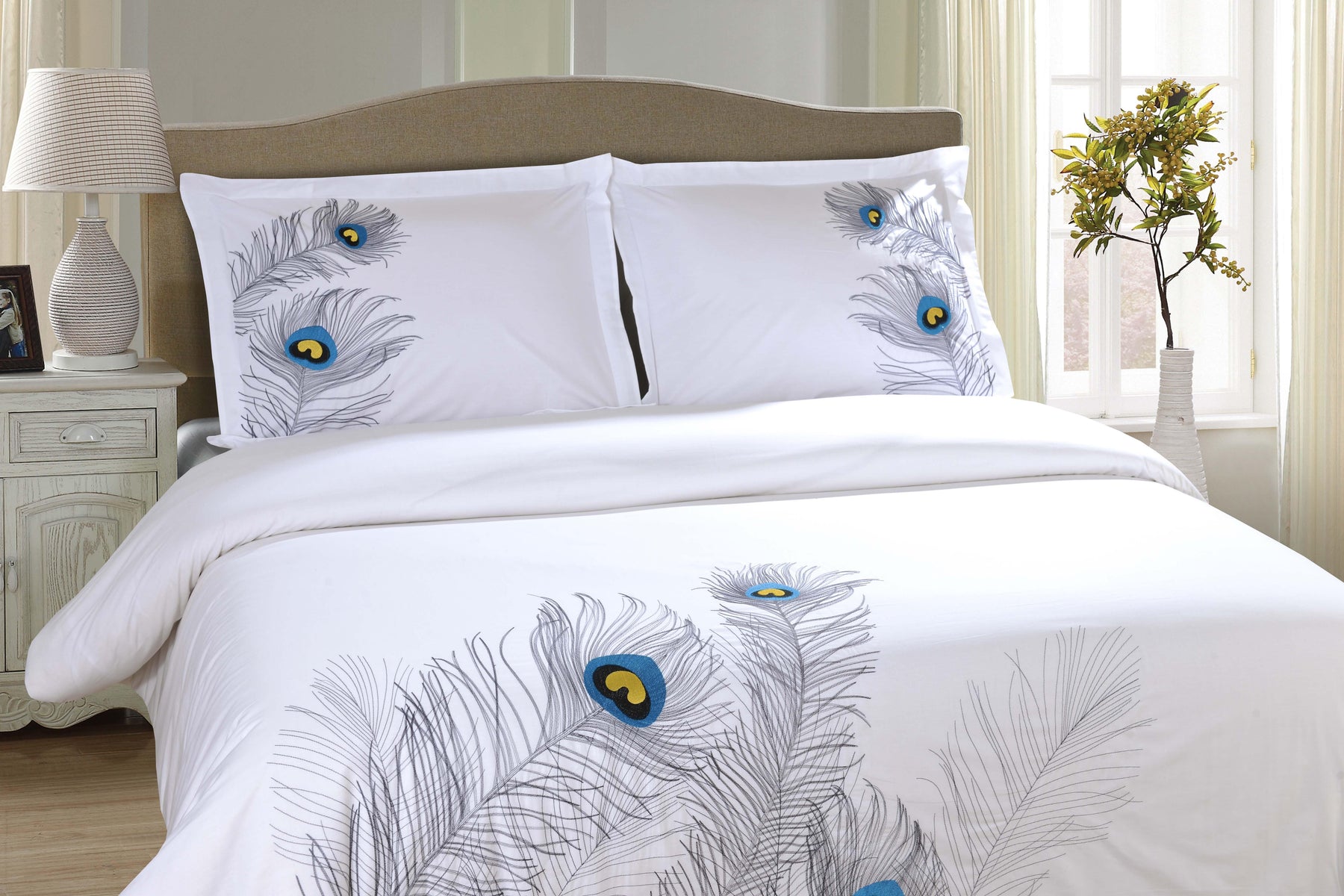 Embroidered Peacock Cotton Duvet Cover Set - Duvet Cover Set by Superior