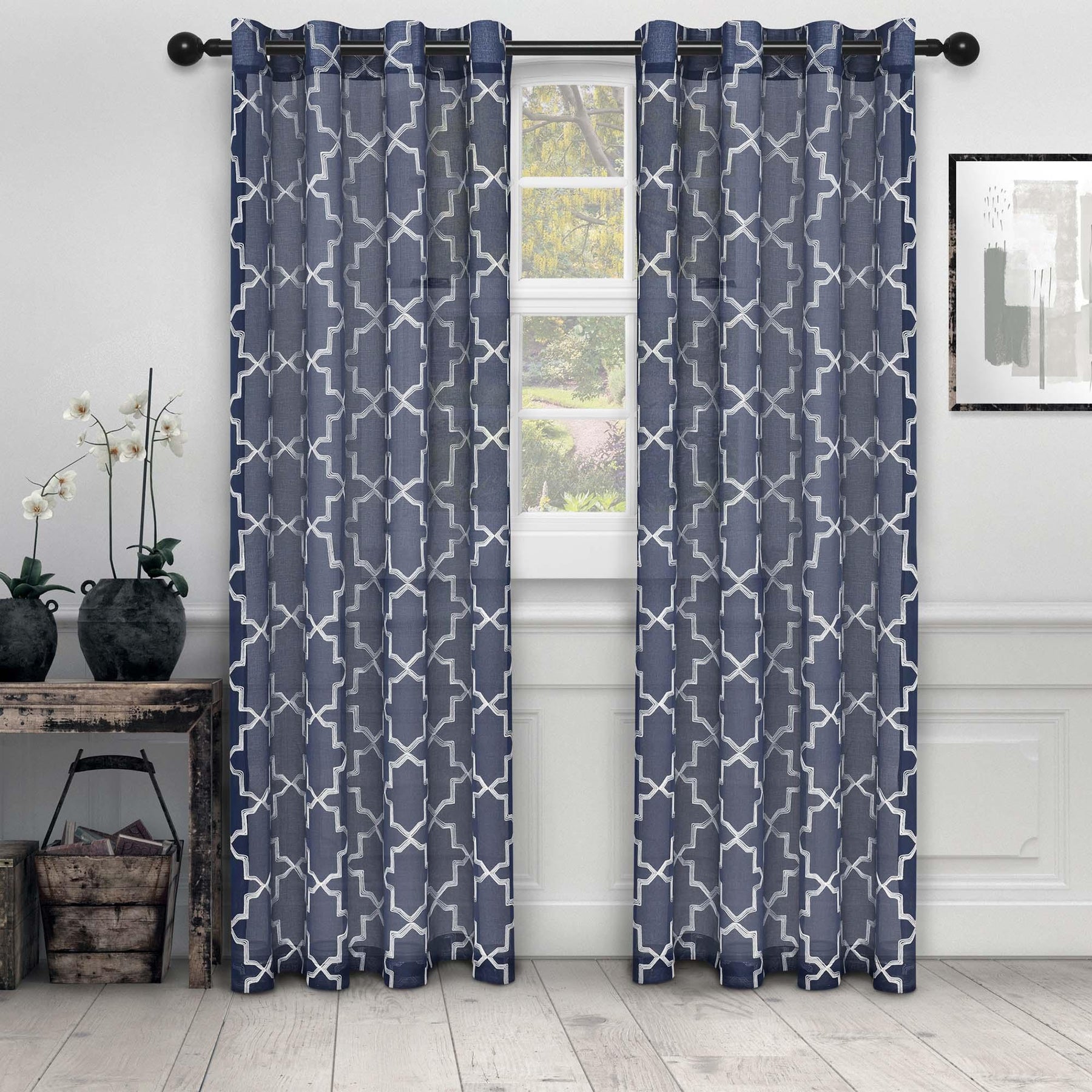 Embroidered Quatrefoil Semi Sheer 2 Piece Curtain Panel Set - Semi Sheer Curtains by Superior