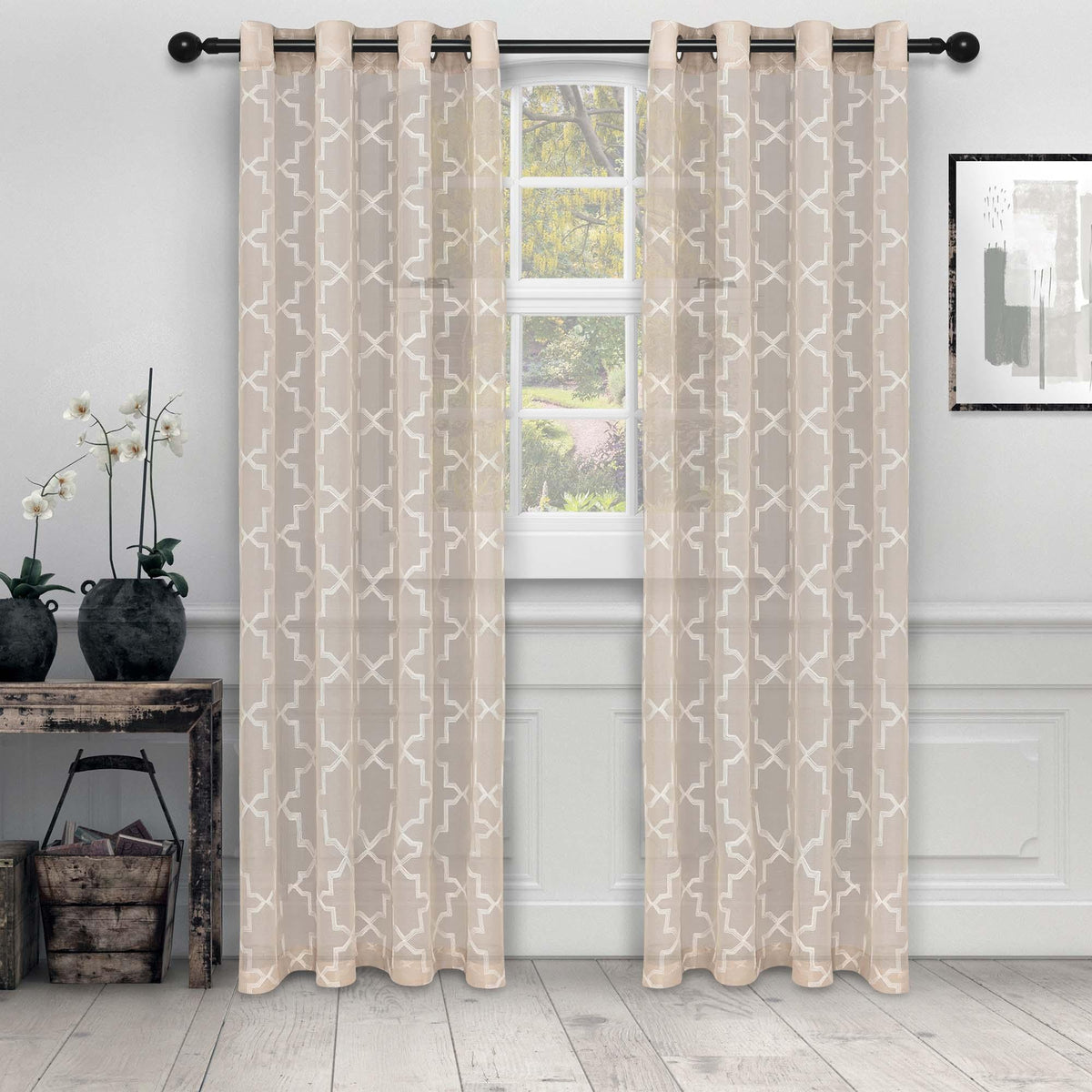 Embroidered Quatrefoil Semi Sheer 2 Piece Curtain Panel Set - Semi Sheer Curtains by Superior