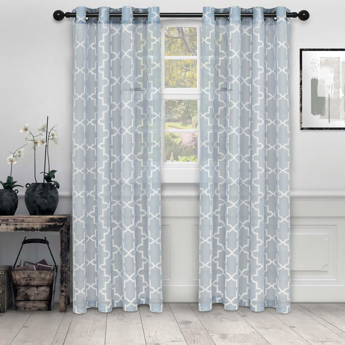 Embroidered Quatrefoil Semi Sheer 2 Piece Curtain Panel Set - Semi Sheer Curtains by Superior