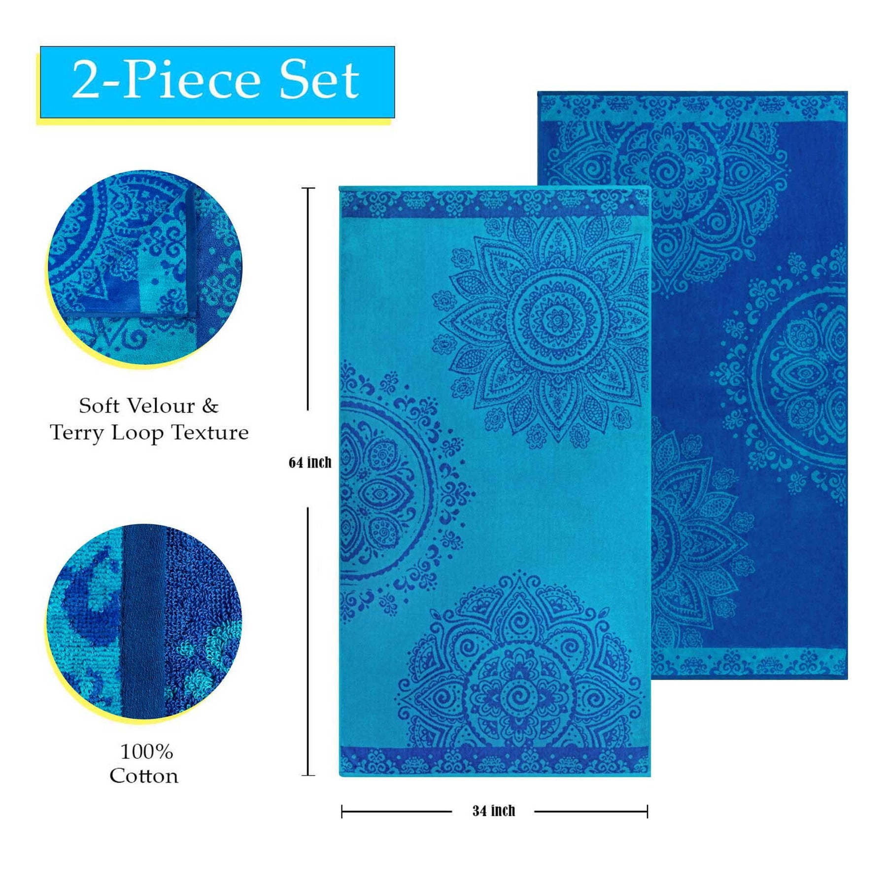 Floral Mandala Egyptian Cotton Oversized 2 Piece Beach Towel Set - Beach Towel by Superior