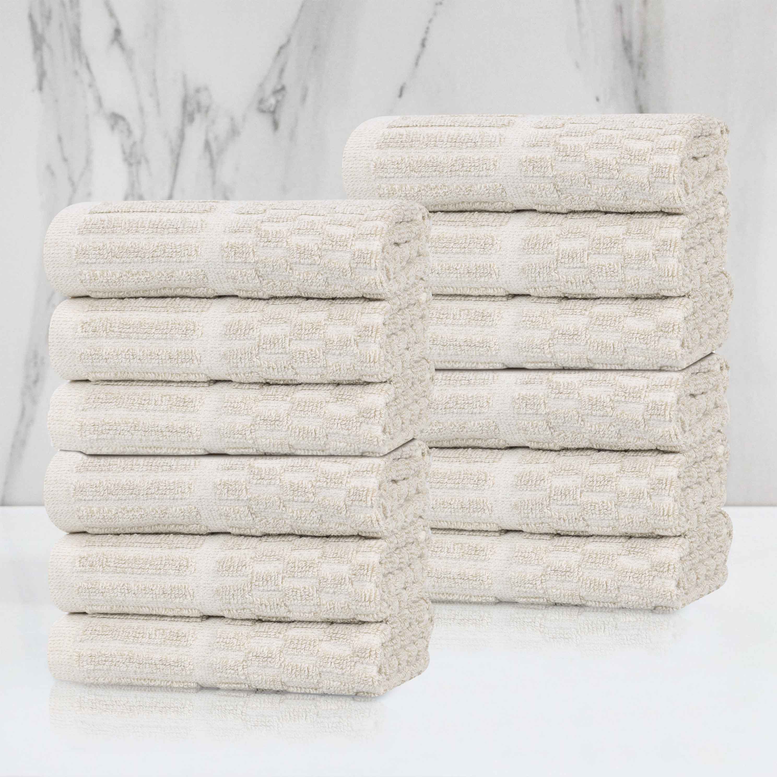 Juno Cotton Blend Checkered Ribbed Border Face Towels Washcloths, Set of 12 - Face Towel by Superior