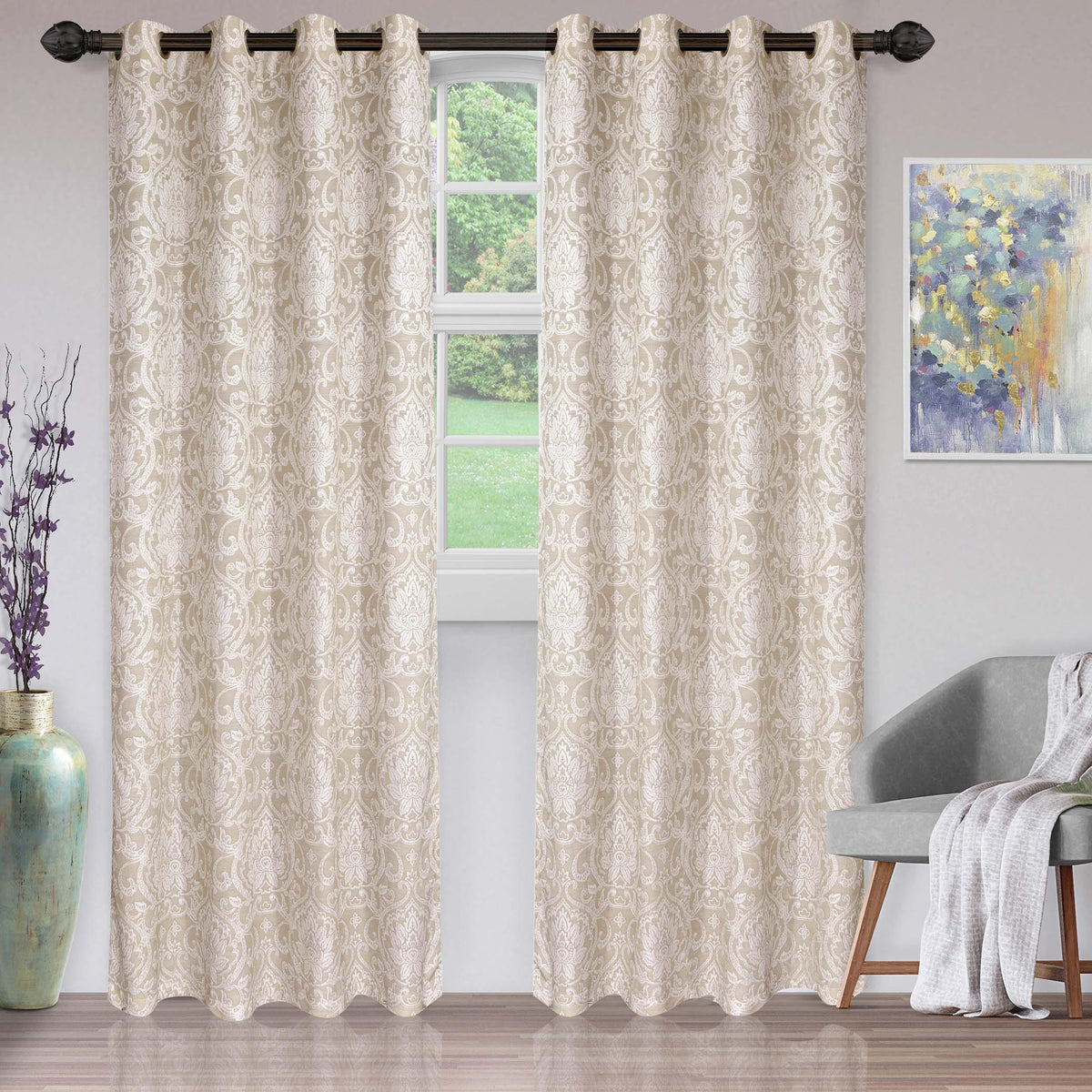 Lotus Jacquard Floral Damask Semi Sheer Curtain Panel Set - Semi Sheer Curtains by Superior