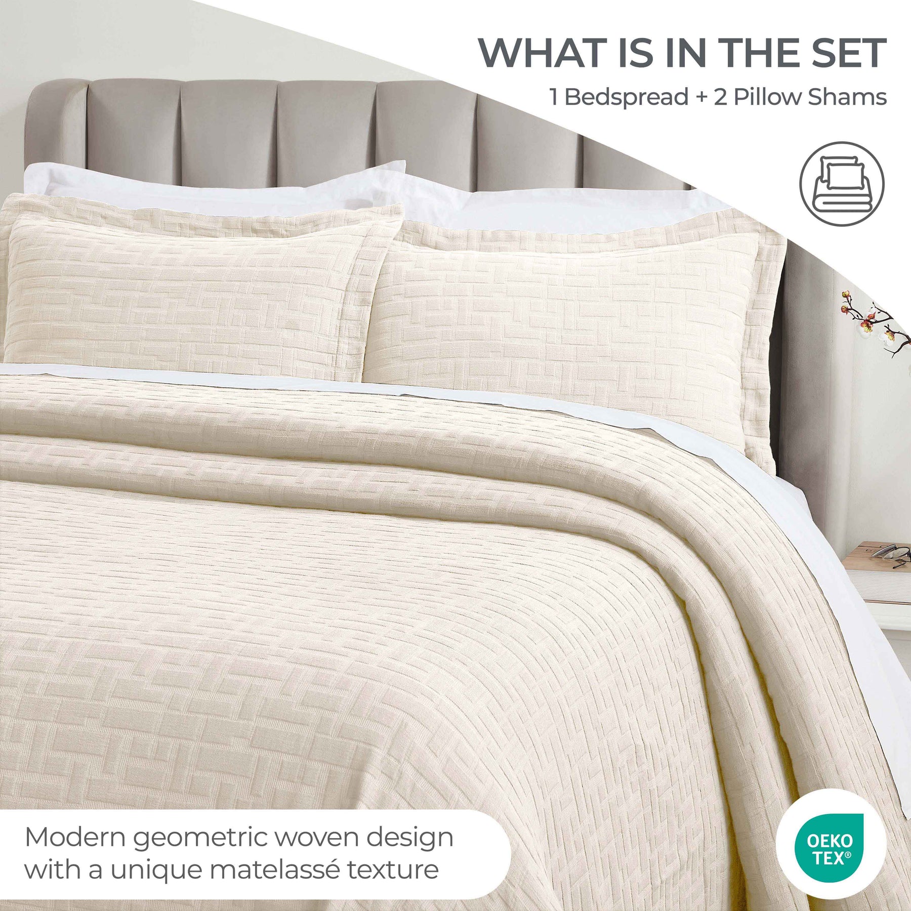 Madrid Cotton Medium Weight Geometric Matelasse Bedspread and Sham Set - Bedspread by Superior