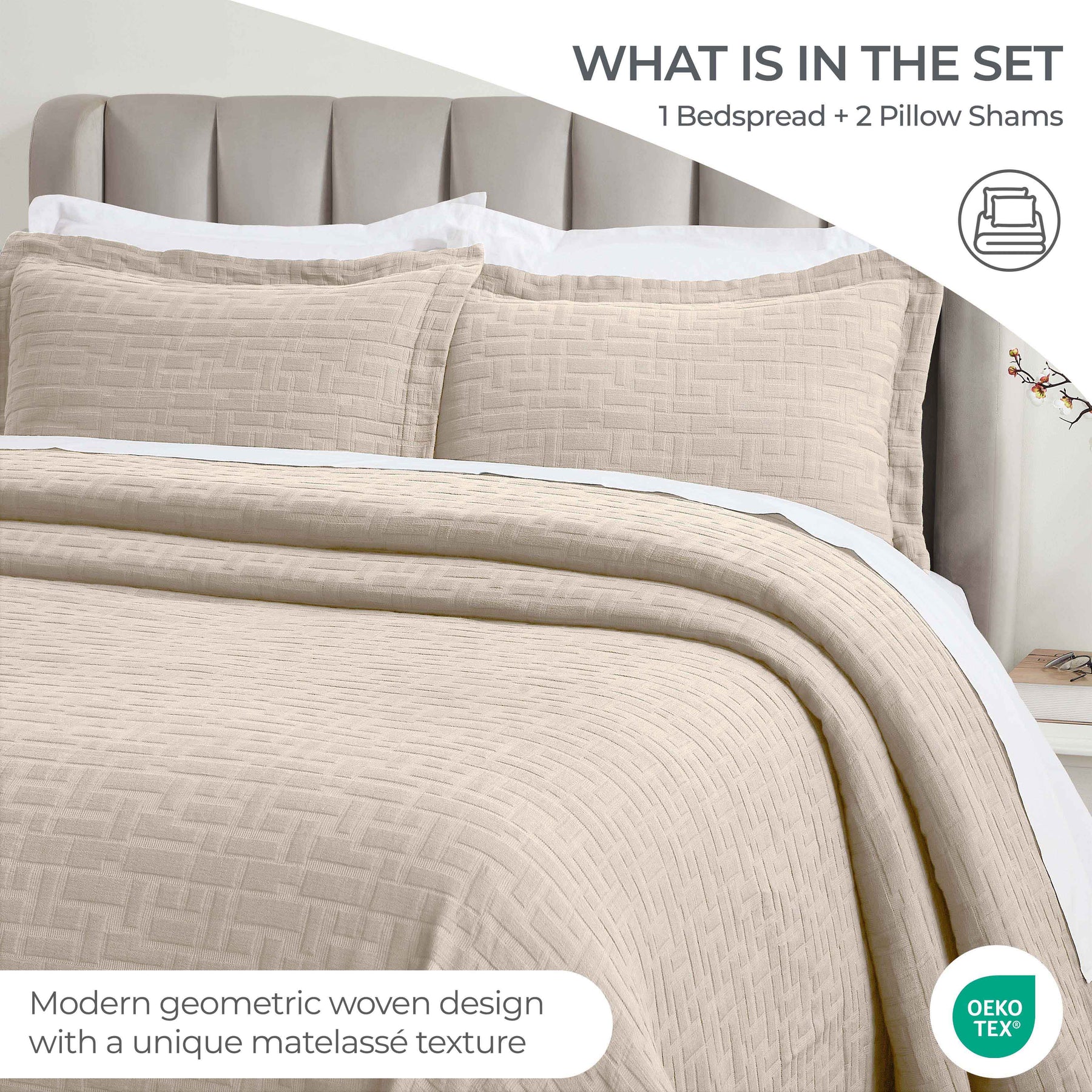 Madrid Cotton Medium Weight Geometric Matelasse Bedspread and Sham Set - Bedspread by Superior