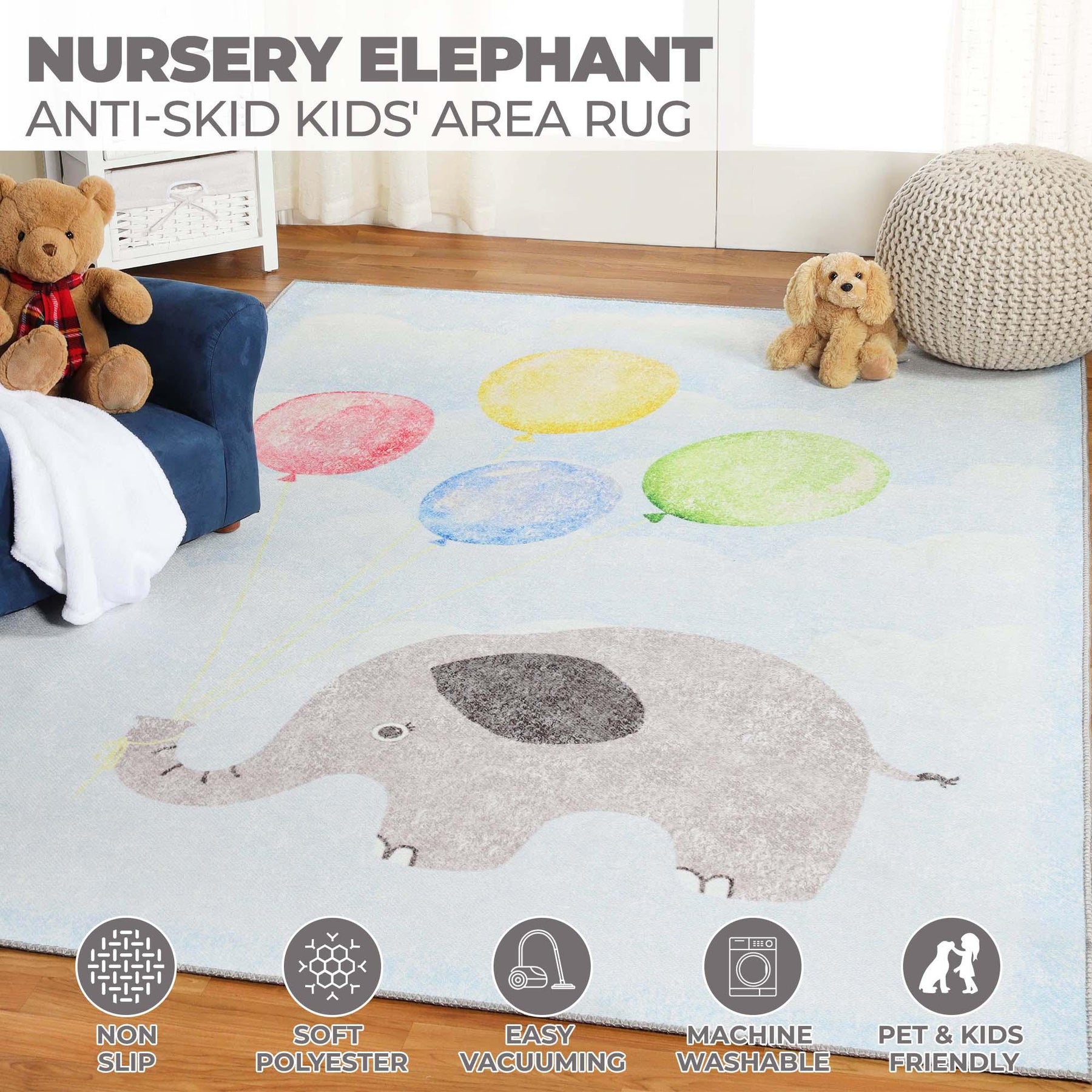 Nursery Elephant Anti-Skid Backing Indoor Area Rug - Rugs by Superior