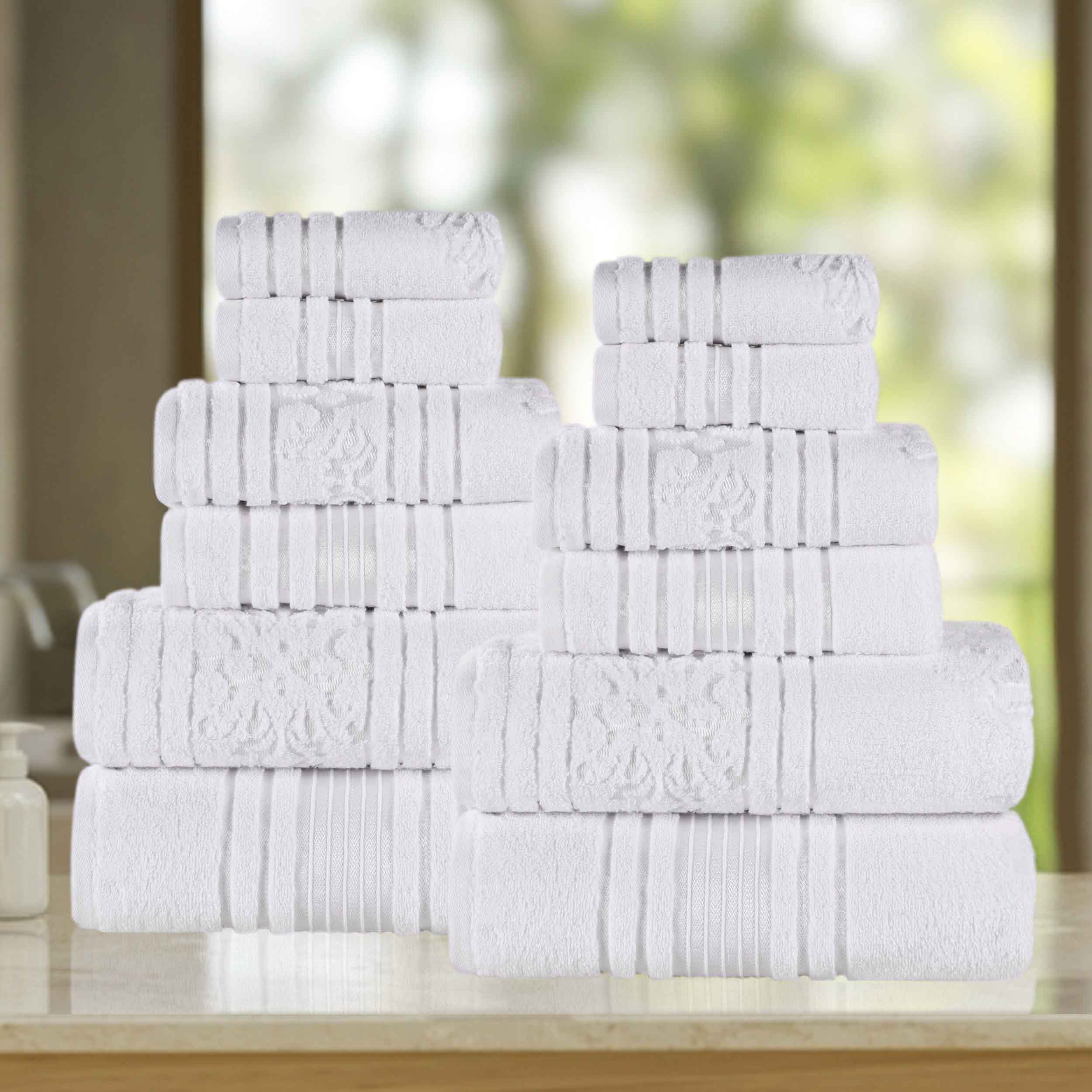 Sadie Zero Twist Cotton Solid and Jacquard Floral 12 Piece Towel Set - Towel Set by Superior