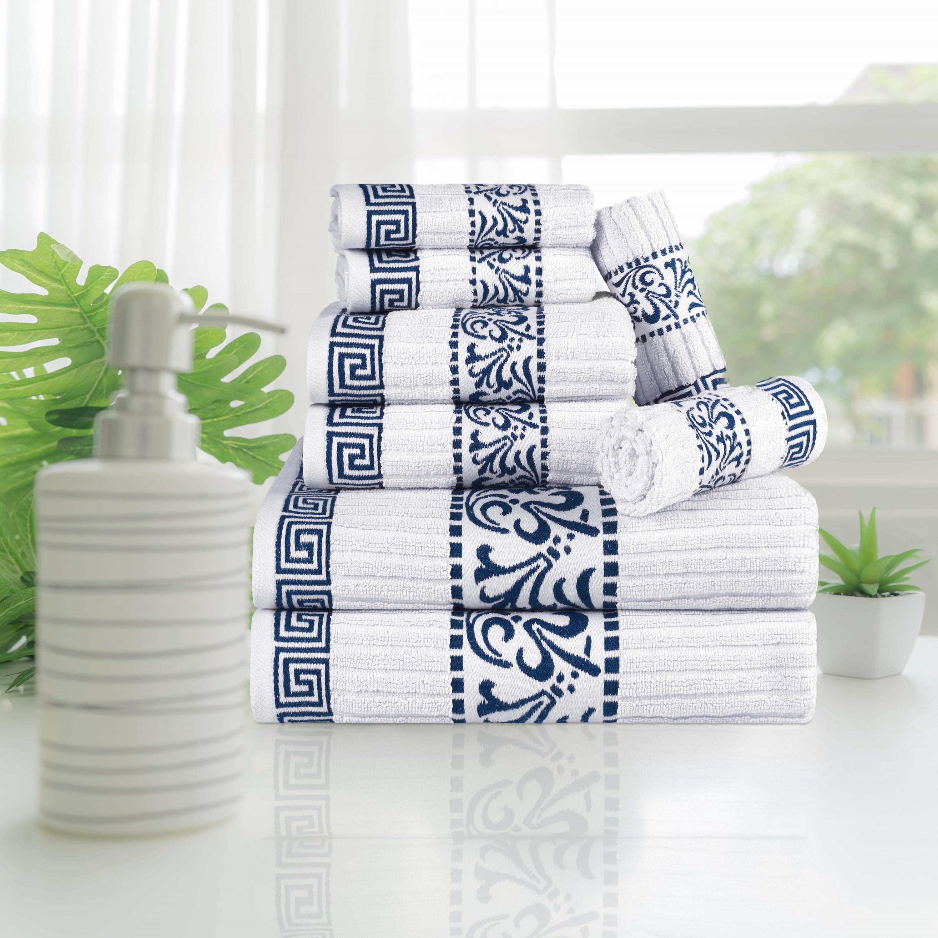 Superior Athens Cotton Greek Key Trim 8 Piece Towel Set - Towel Set by Superior