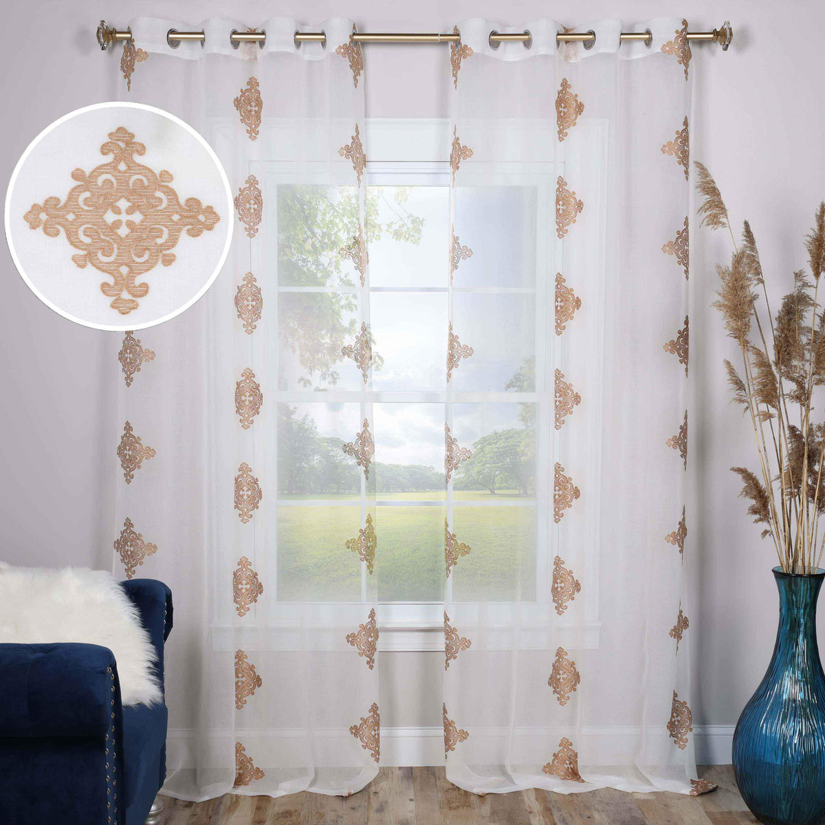 Traditional Embroidered Damask Sheer Grommet Curtain Panel Set - Sheer Curtains by Superior