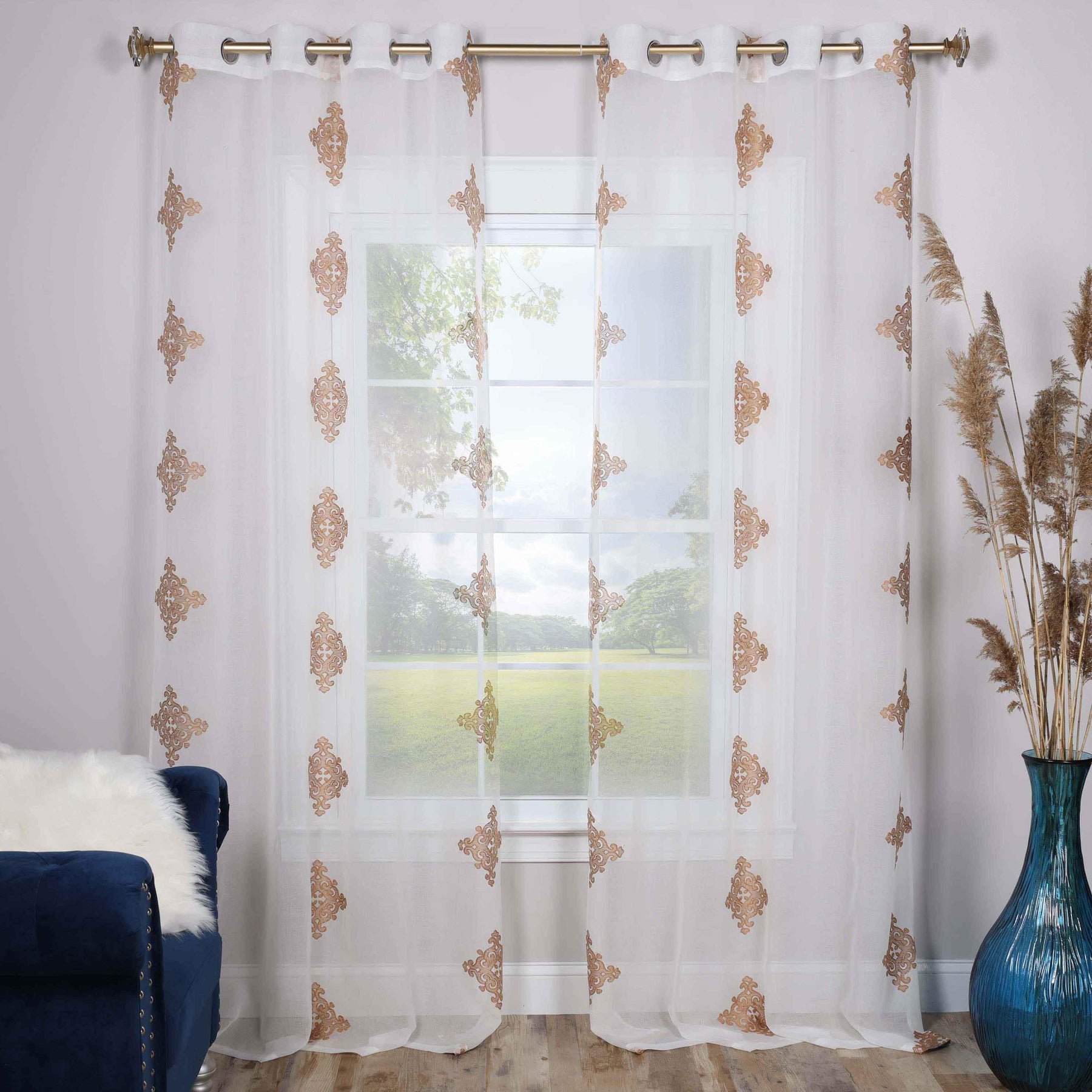 Traditional Embroidered Damask Sheer Grommet Curtain Panel Set - Sheer Curtains by Superior