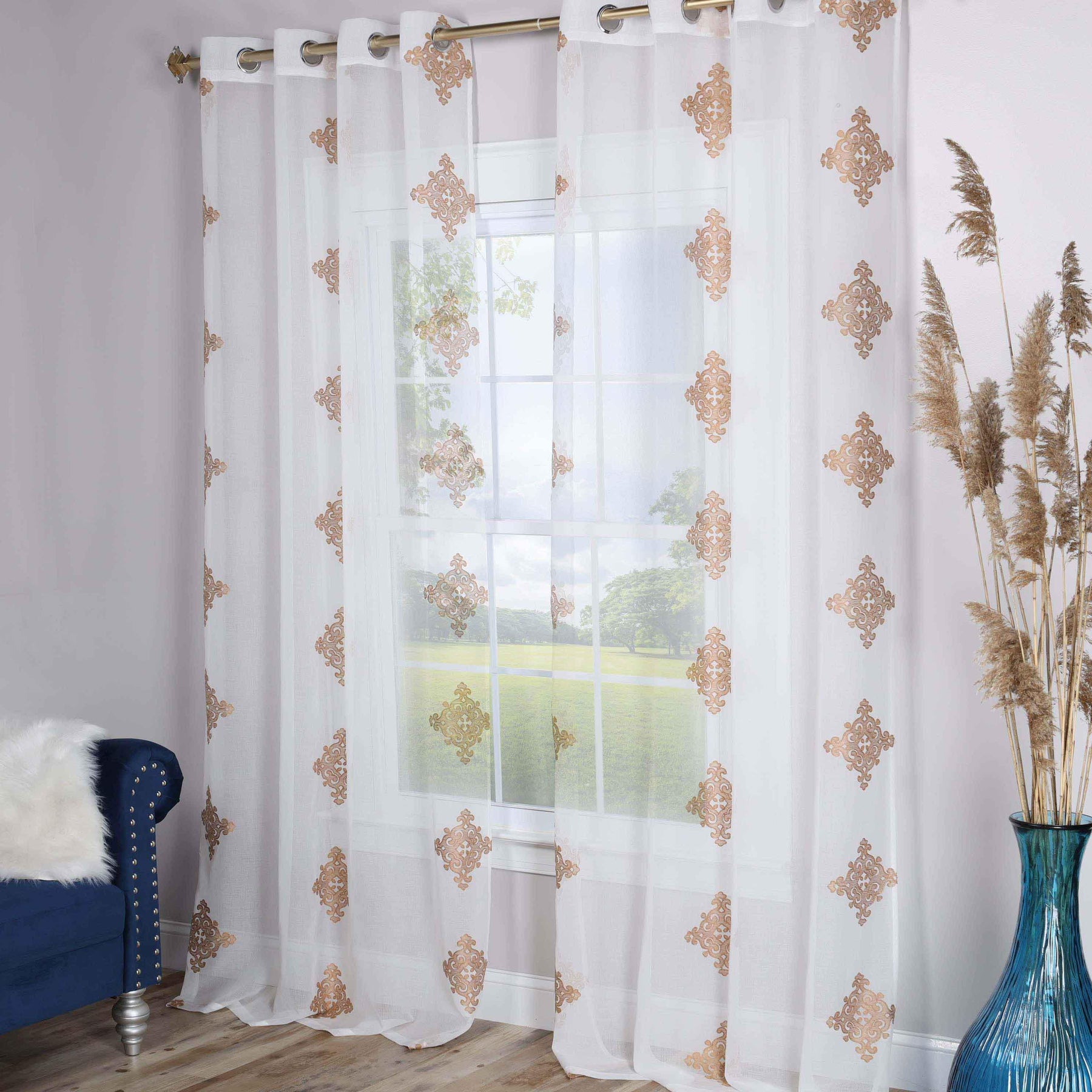 Traditional Embroidered Damask Sheer Grommet Curtain Panel Set - Sheer Curtains by Superior