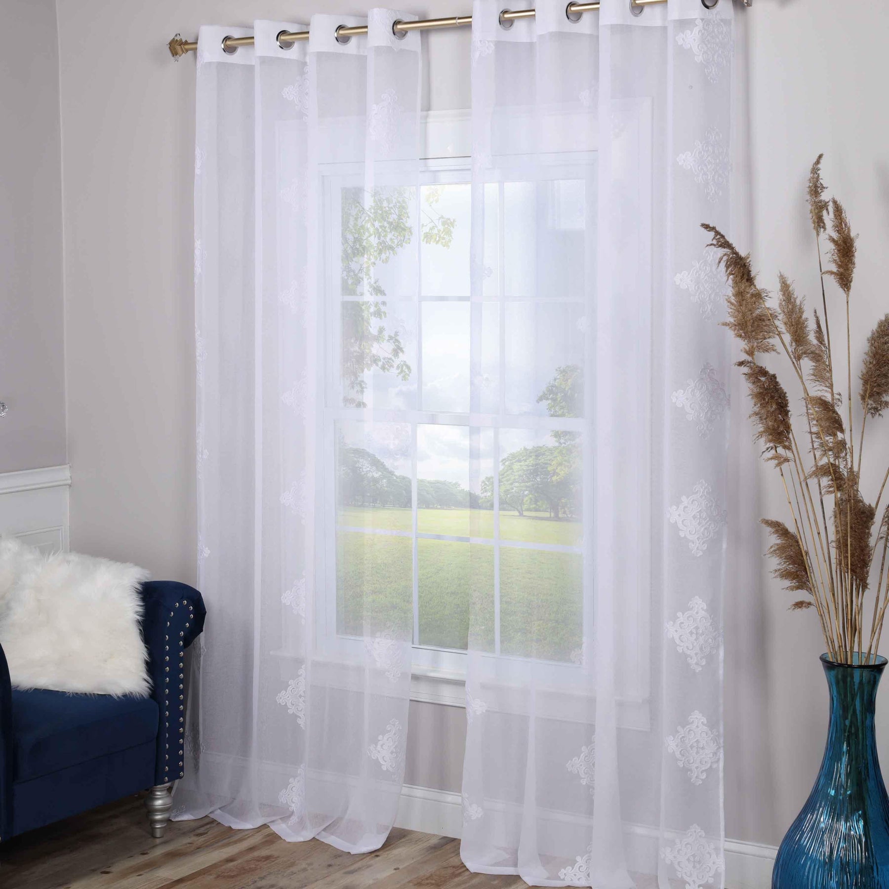 Traditional Embroidered Damask Sheer Grommet Curtain Panel Set - Sheer Curtains by Superior