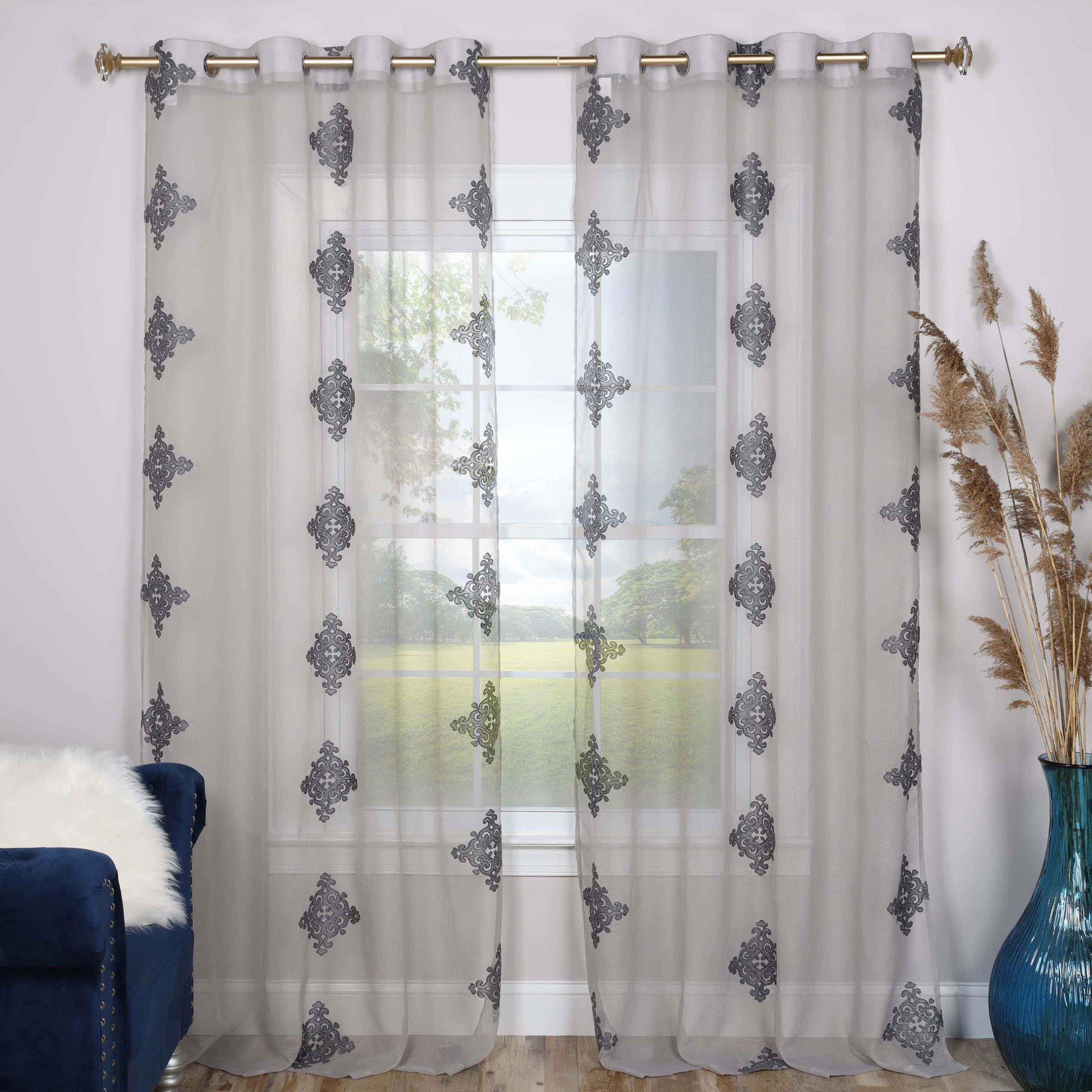 Traditional Embroidered Damask Sheer Grommet Curtain Panel Set - Sheer Curtains by Superior