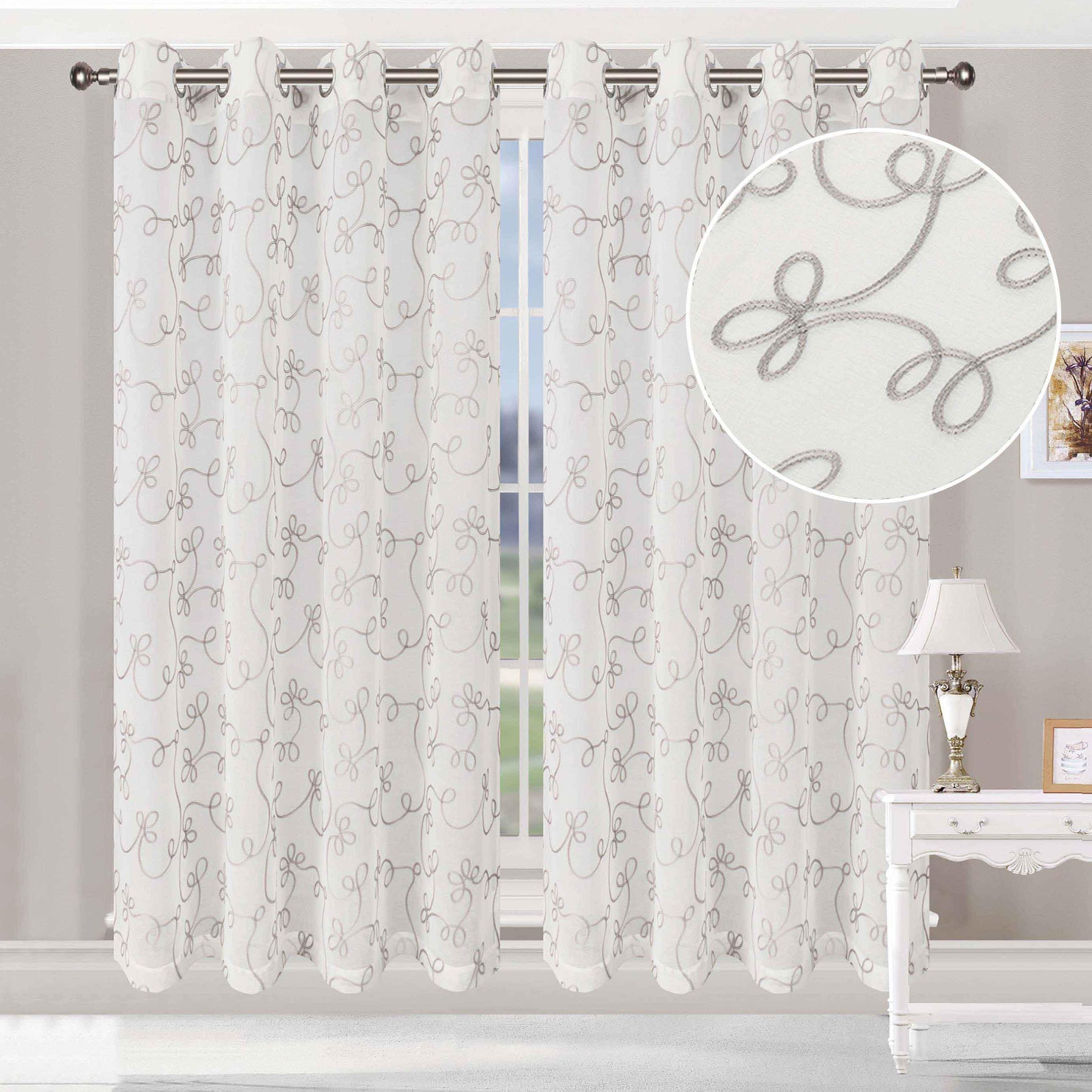 Traditional Embroidered Scroll Sheer Grommet Curtain Panel Set - Sheer Curtains by Superior