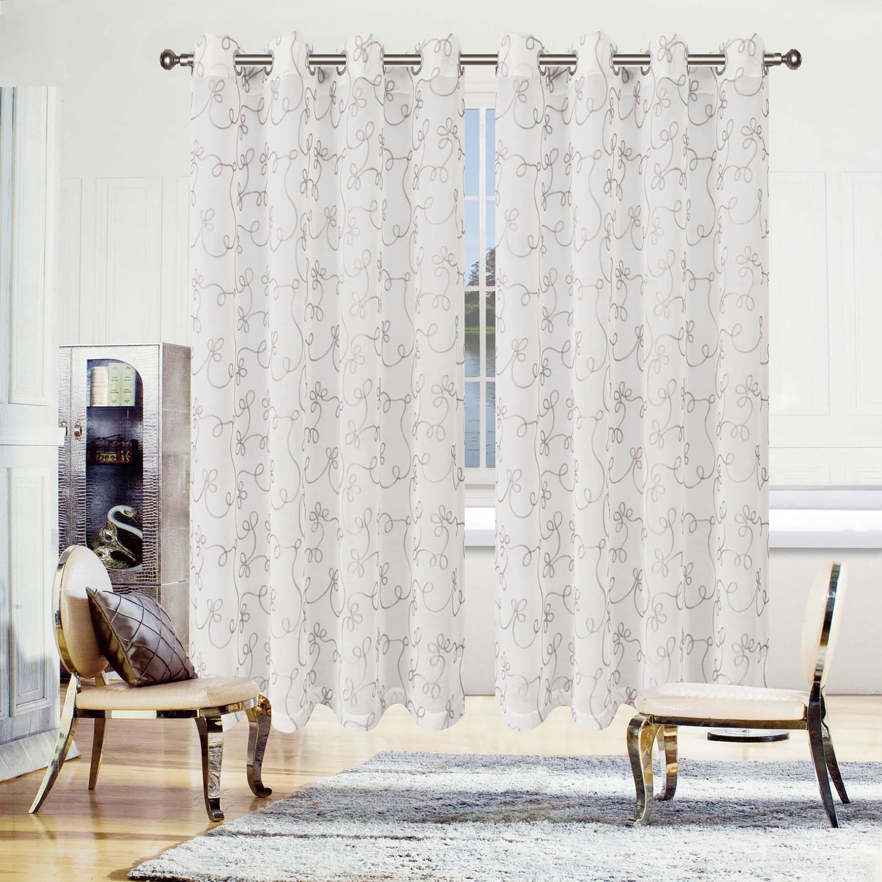 Traditional Embroidered Scroll Sheer Grommet Curtain Panel Set - Sheer Curtains by Superior