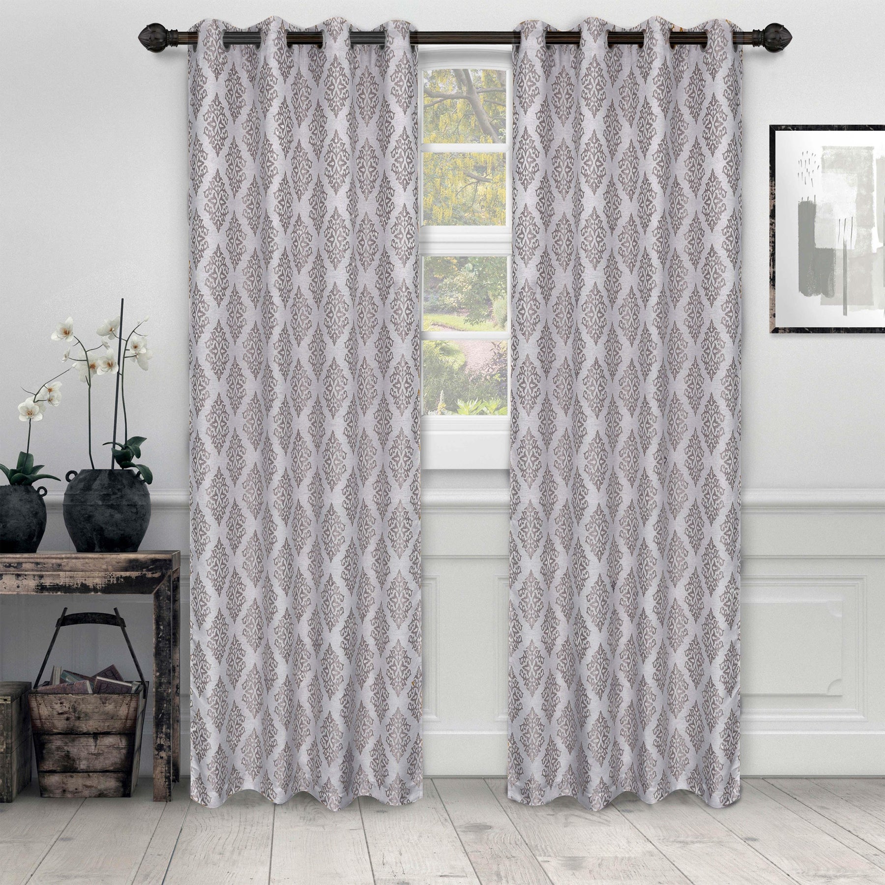 Venetian Damask Jacquard Grommet Traditional Curtain Panel Set - Semi Sheer Curtains by Superior