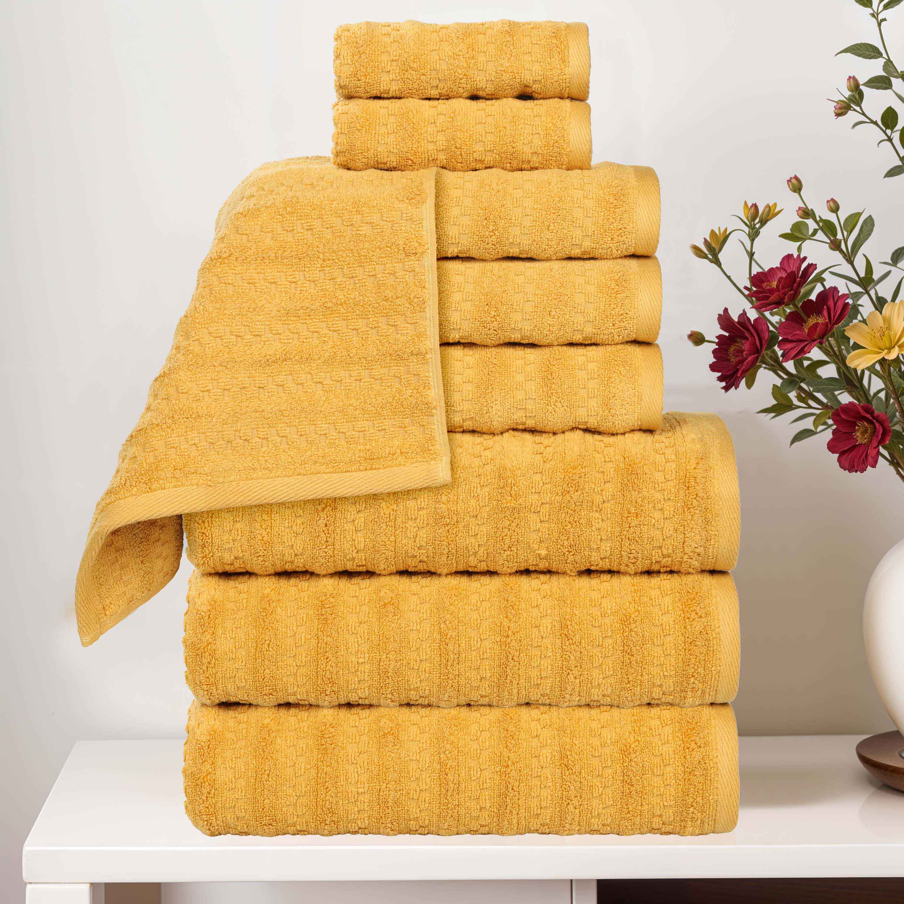 Zuma Zero Twist Cotton Medium Weight Waffle Stripes 9 Piece Towel Set - Towel Set by Superior