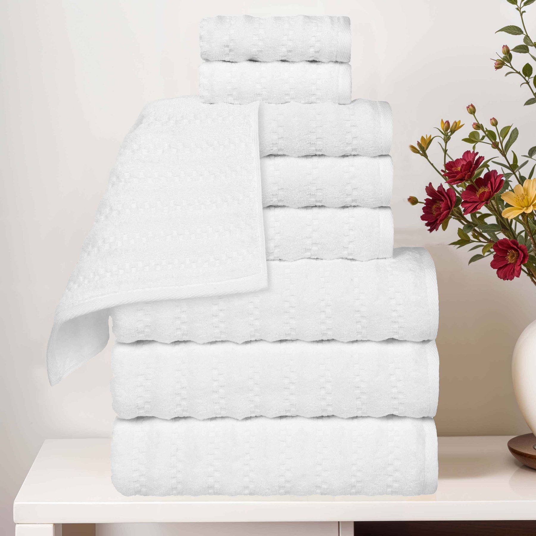 Zuma Zero Twist Cotton Medium Weight Waffle Stripes 9 Piece Towel Set - Towel Set by Superior