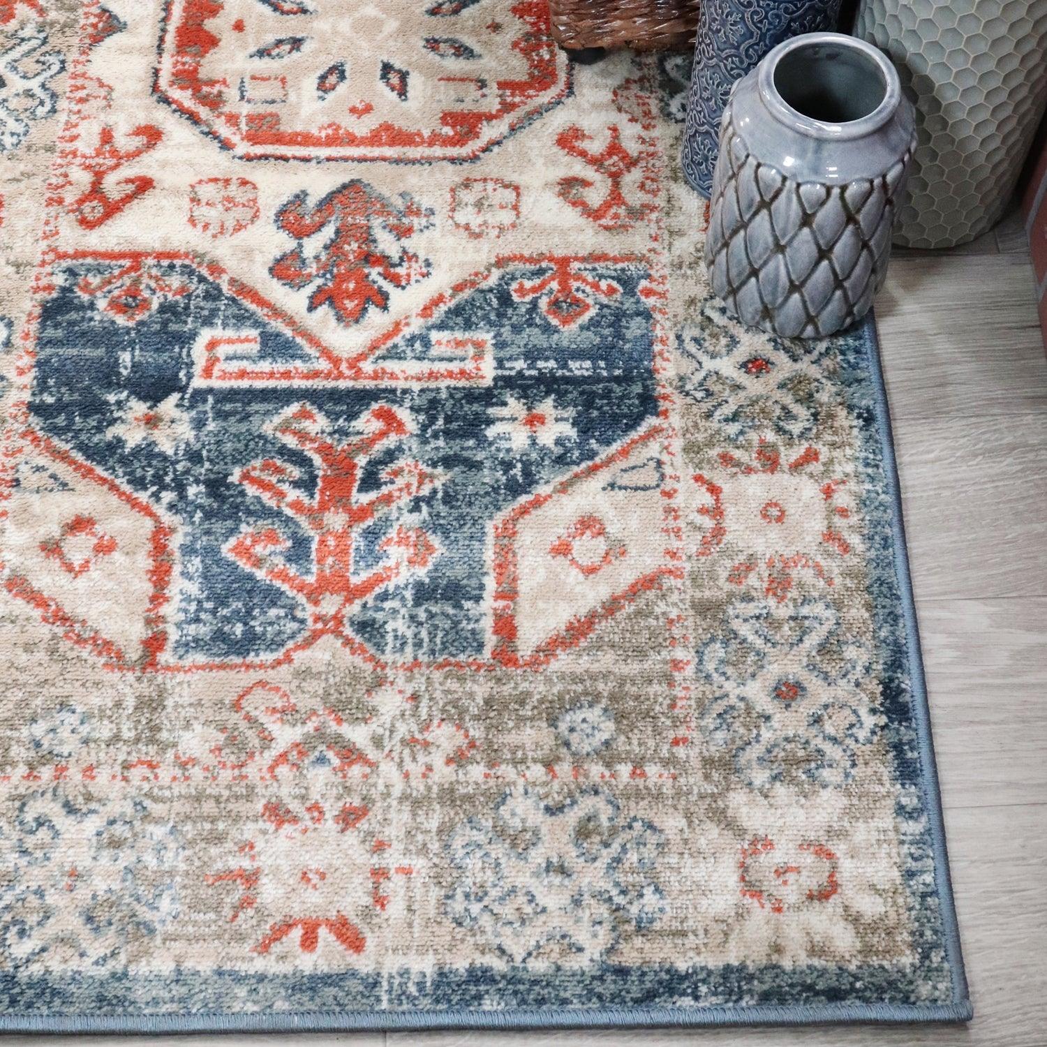 Rustic Distressed Geometric Design Indoor Home Area Rug Collection - Blue