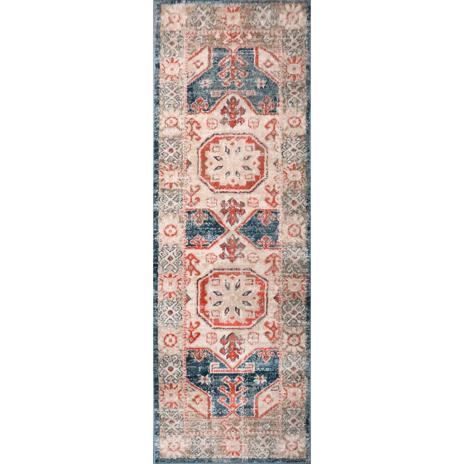 Rustic Distressed Geometric Design Indoor Home Area Rug Collection - Blue