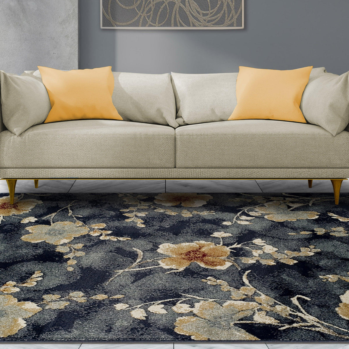 Fiore Modern Floral Indoor Area Rug Or Runner Rug - NavyBlue