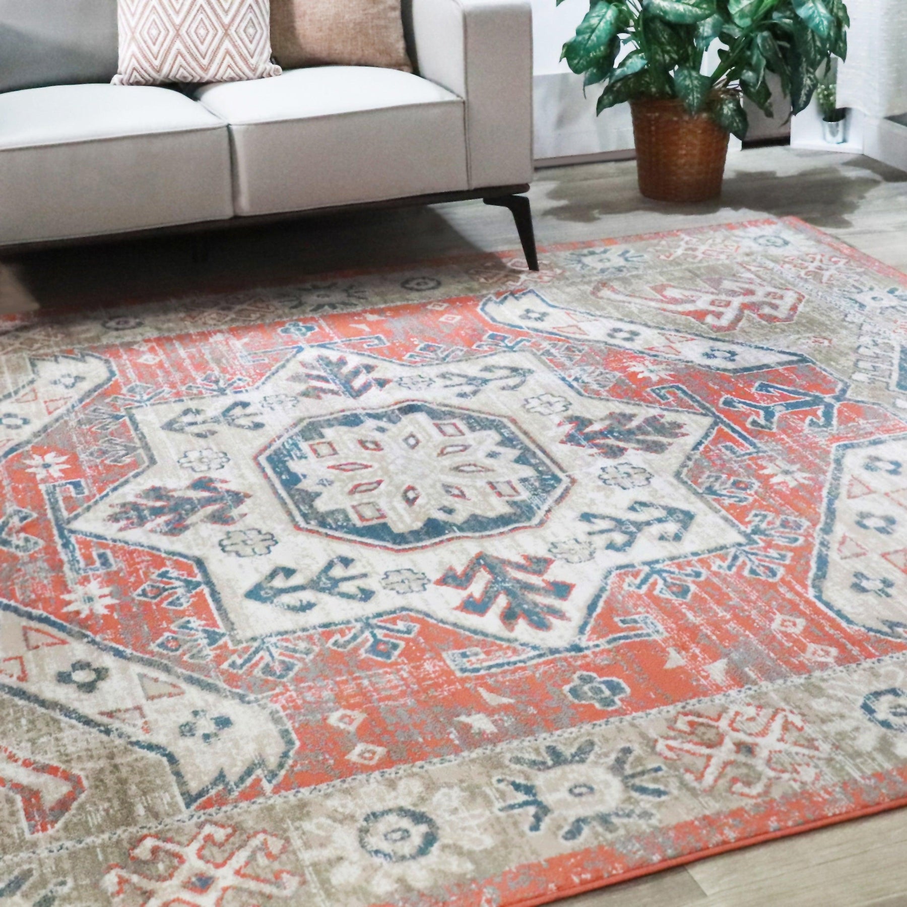 Rustic Distressed Geometric Design Indoor Home Area Rug Collection - Rust