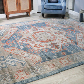 Rustic Distressed Geometric Design Indoor Home Area Rug Collection - Blue