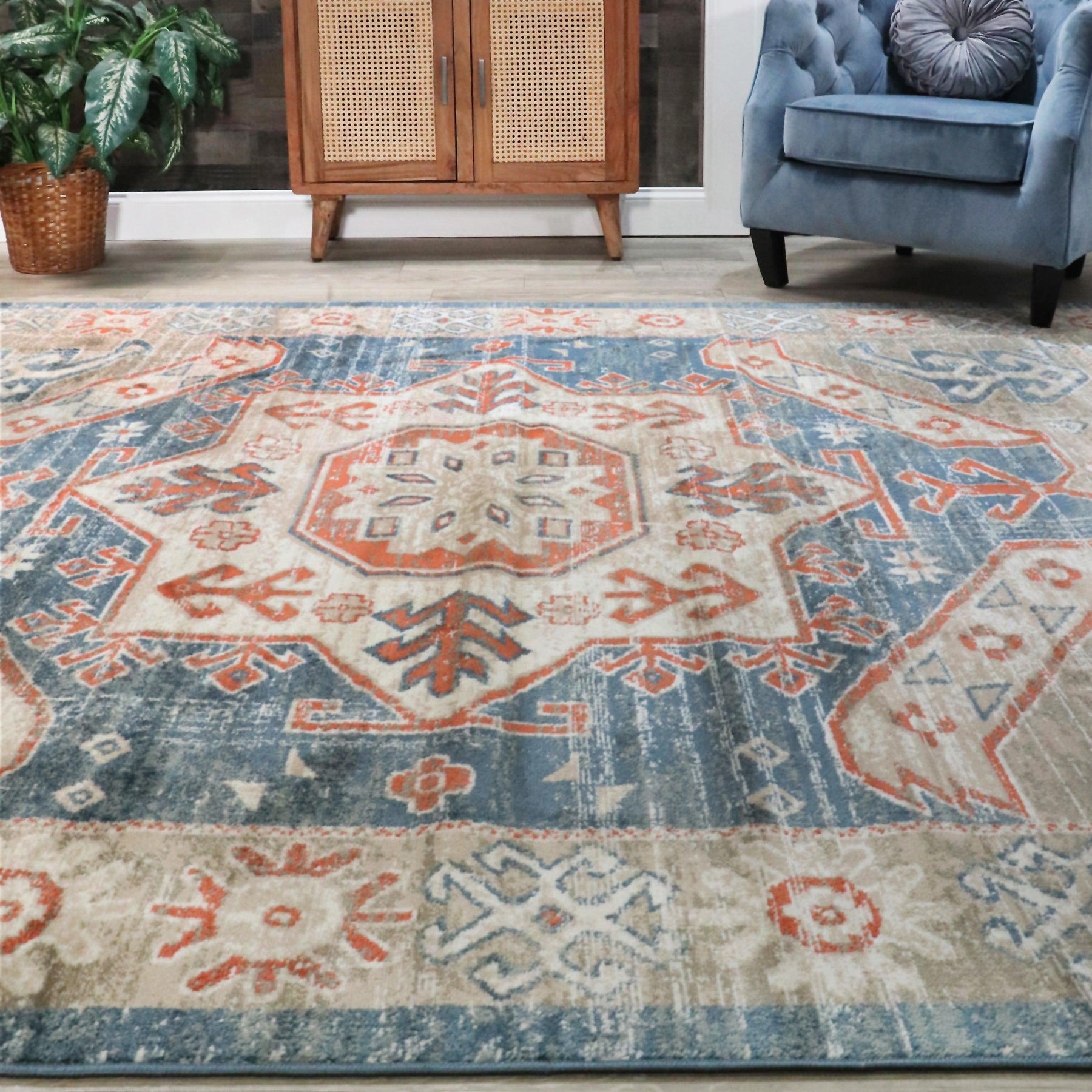 Rustic Distressed Geometric Design Indoor Home Area Rug Collection - Blue