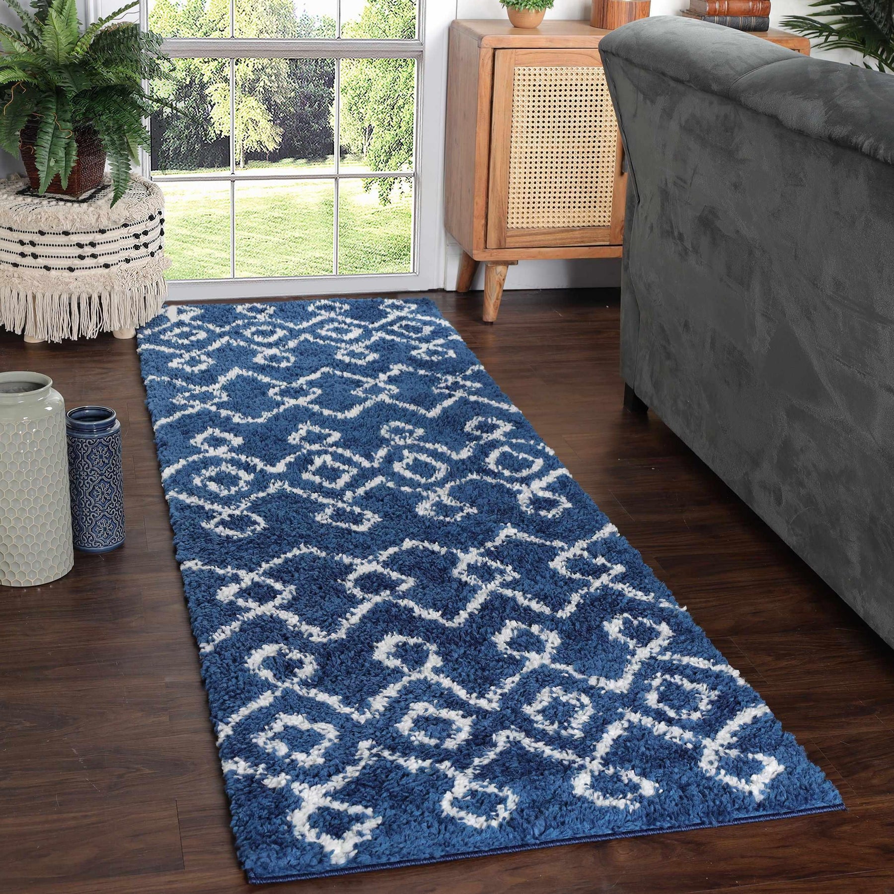 Alia Boho Geometric Diamonds Indoor Plush Shag Area Rug Or Runner Rug - Cream-Blue