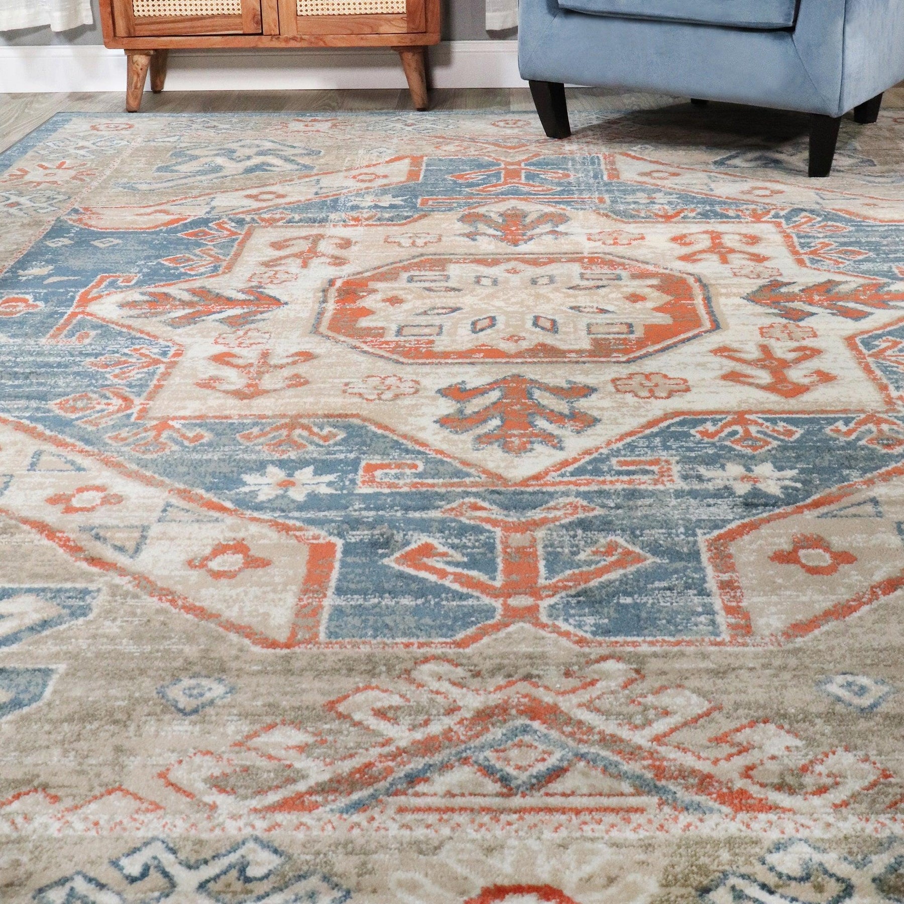 Rustic Distressed Geometric Design Indoor Home Area Rug Collection - Blue