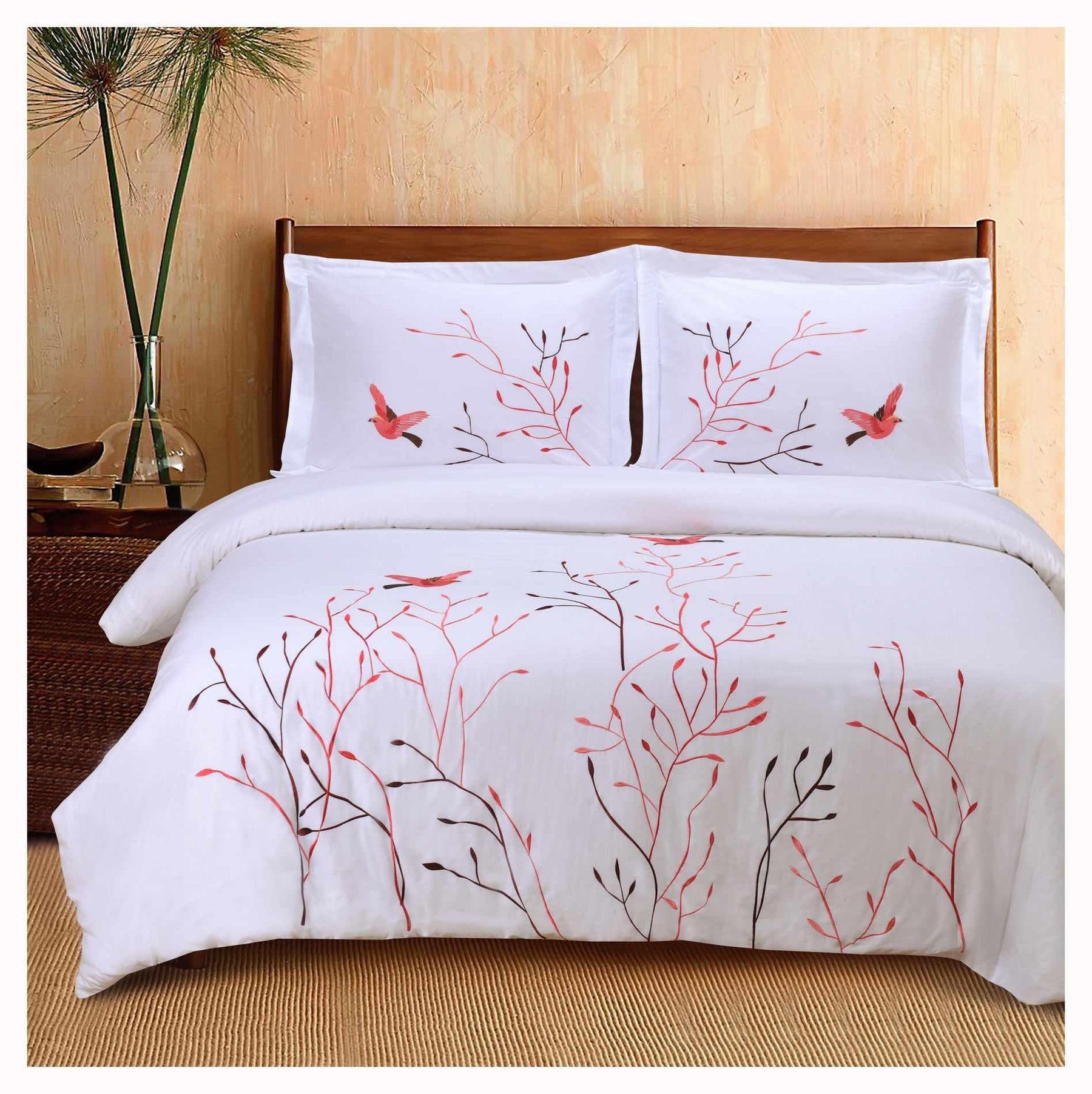 Embroidered Swallow and Floral Cotton Duvet Cover Set - Duvet Cover Set by Superior